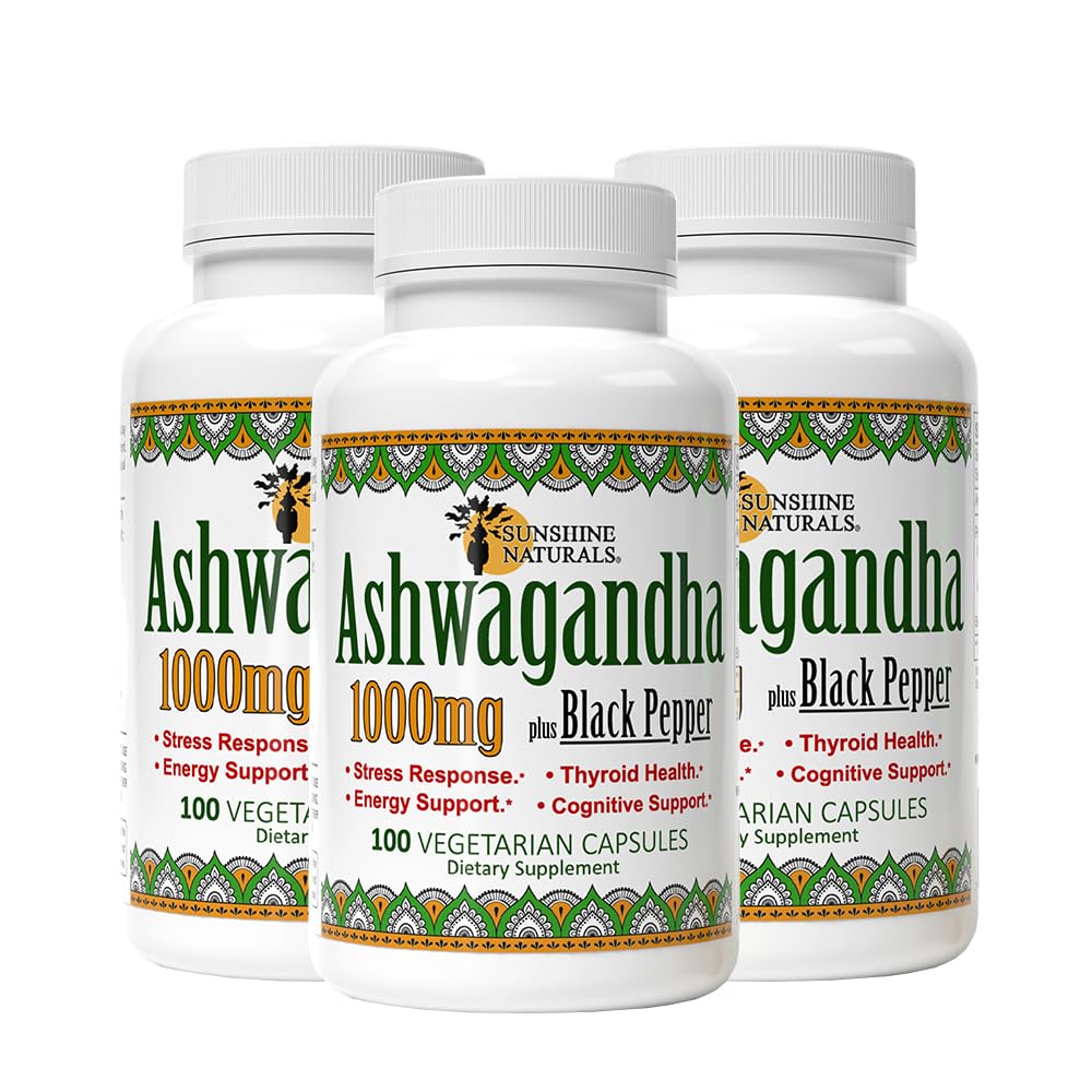 Sunshine Naturals Ashwagandha & Black Pepper Dietary Supplement Powder Pack of 3