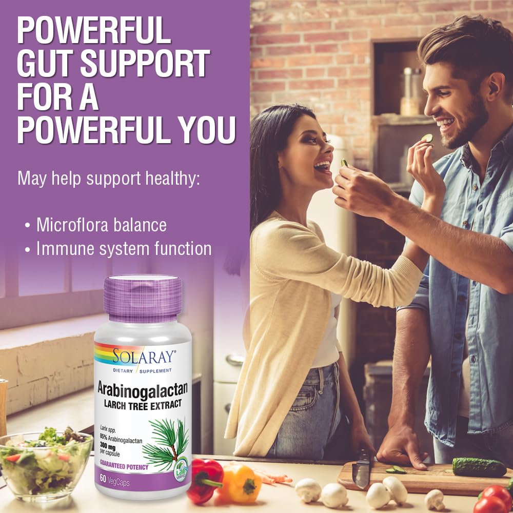 SOLARAY Arabinogalactan, Larch Tree Extract 300mg | Prebiotic Fiber for Healthy Gut & Immune System Support, 60 Capsules