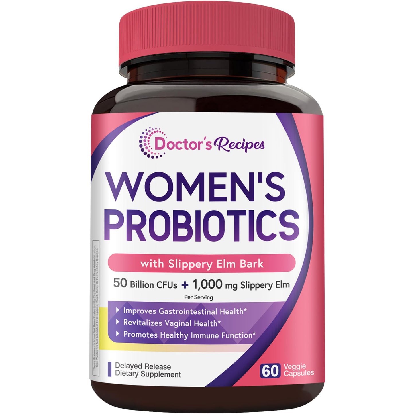 Doctor's Recipes Probiotics for Women with Slippery Elm 1000mg, Vaginal Probiotics 50 Billion CFUs, 60 Capsules