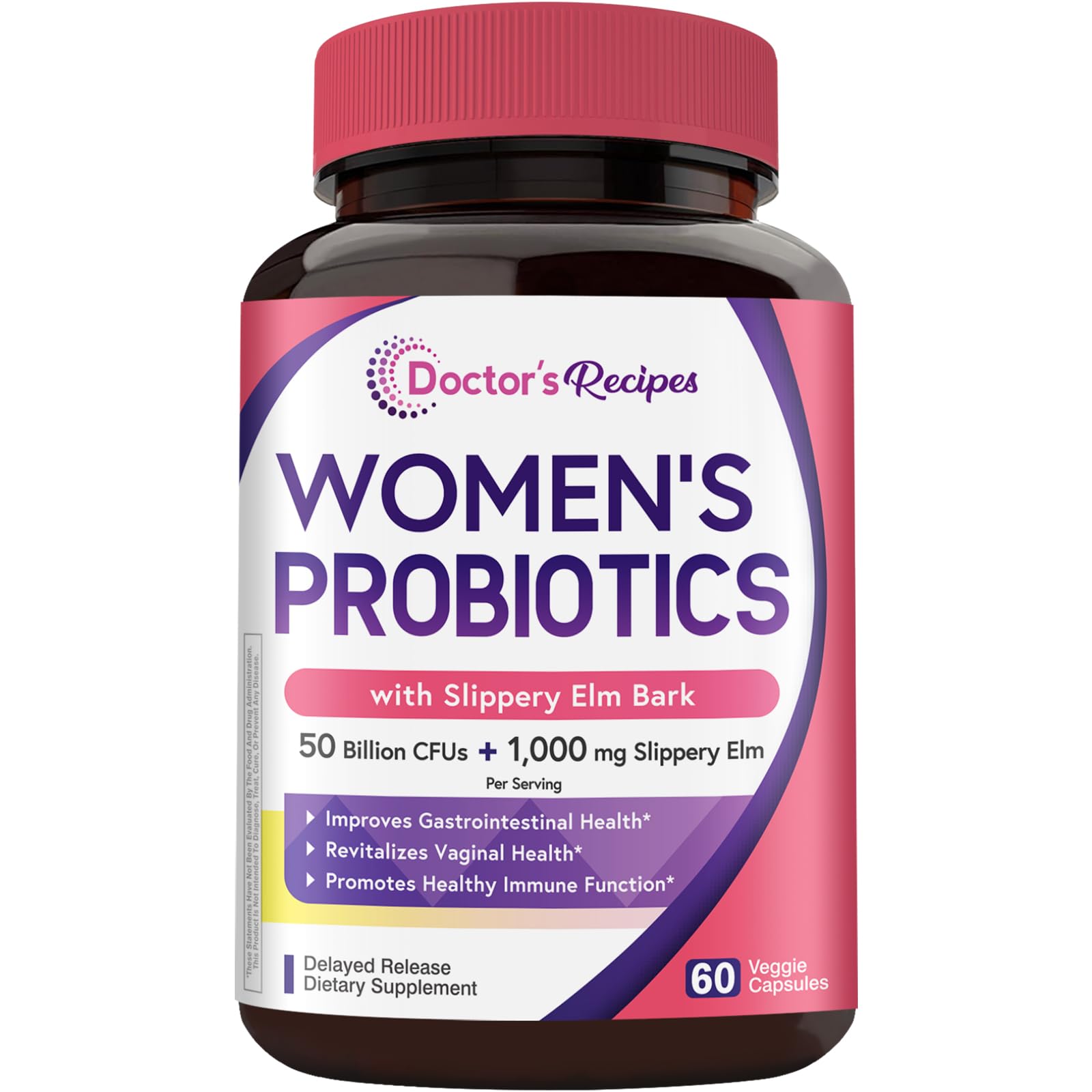 Doctor's Recipes Probiotics for Women with Slippery Elm 1000mg, Vaginal Probiotics 50 Billion CFUs, 60 Capsules