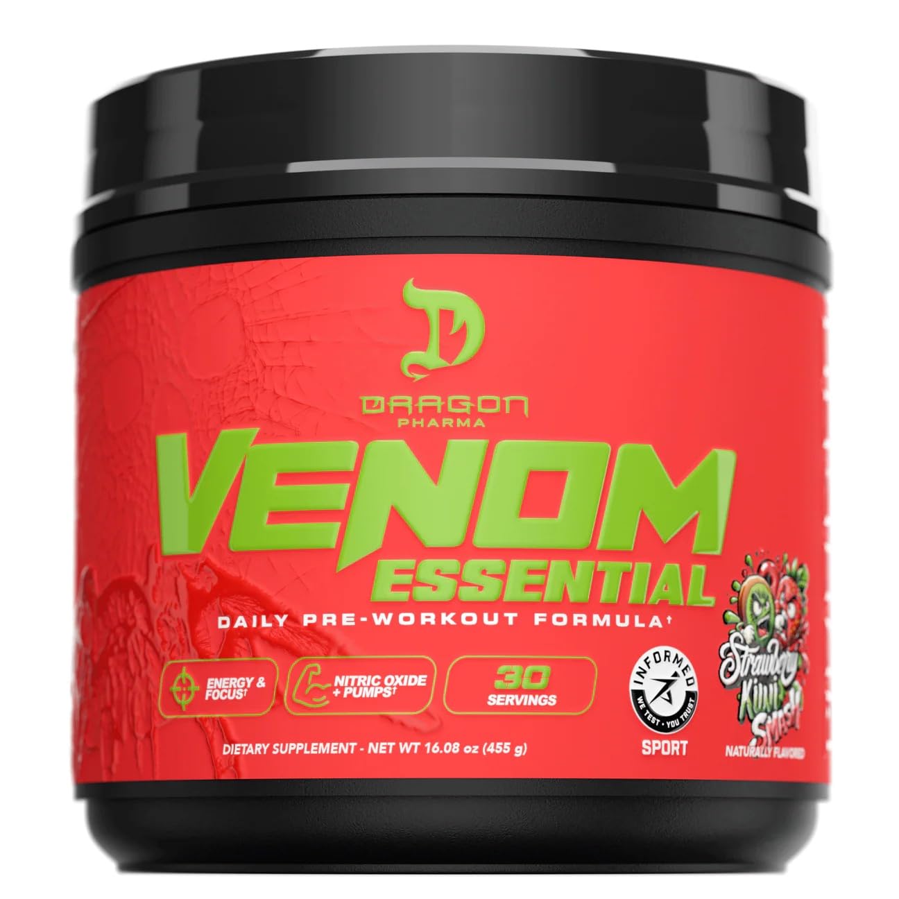 DRAGON PHARMA Pre Workout Powder Venom Essential Strawberry Kiwi 15.97 Ounce