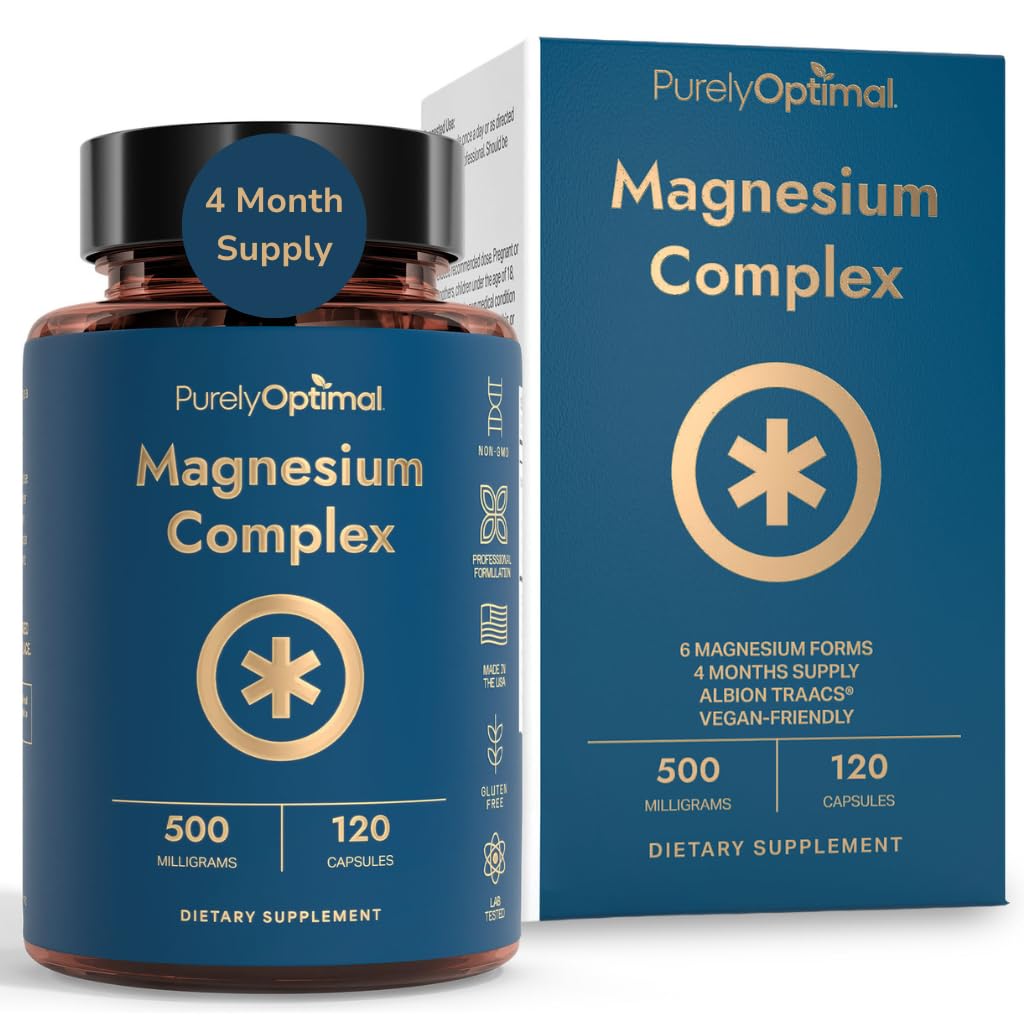 Purely Optimal Magnesium Complex - 6 Forms Magnesium Glycinate, Citrate & Malate - Sleep Support, Stress Relief, Muscles, Heart Health & Relaxation - Magnesium Supplement for Women & Men Capsule, 120 Count