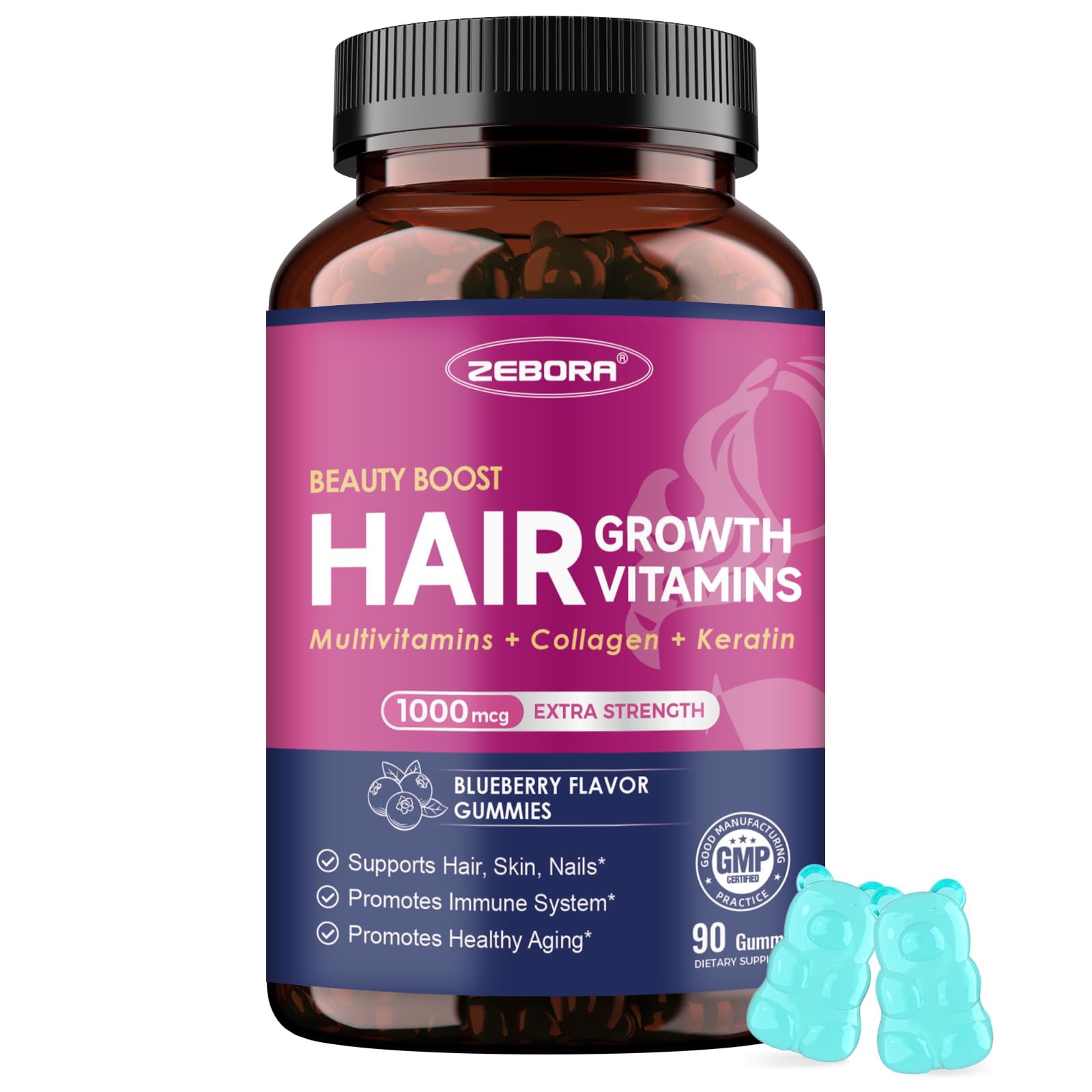ZEBORA Biotin Gummies with Hyaluronic Acid, Keratin and Collagen – Extra Strength Hair Skin and Nails Vitamins for Women and Men, 90 Gummies