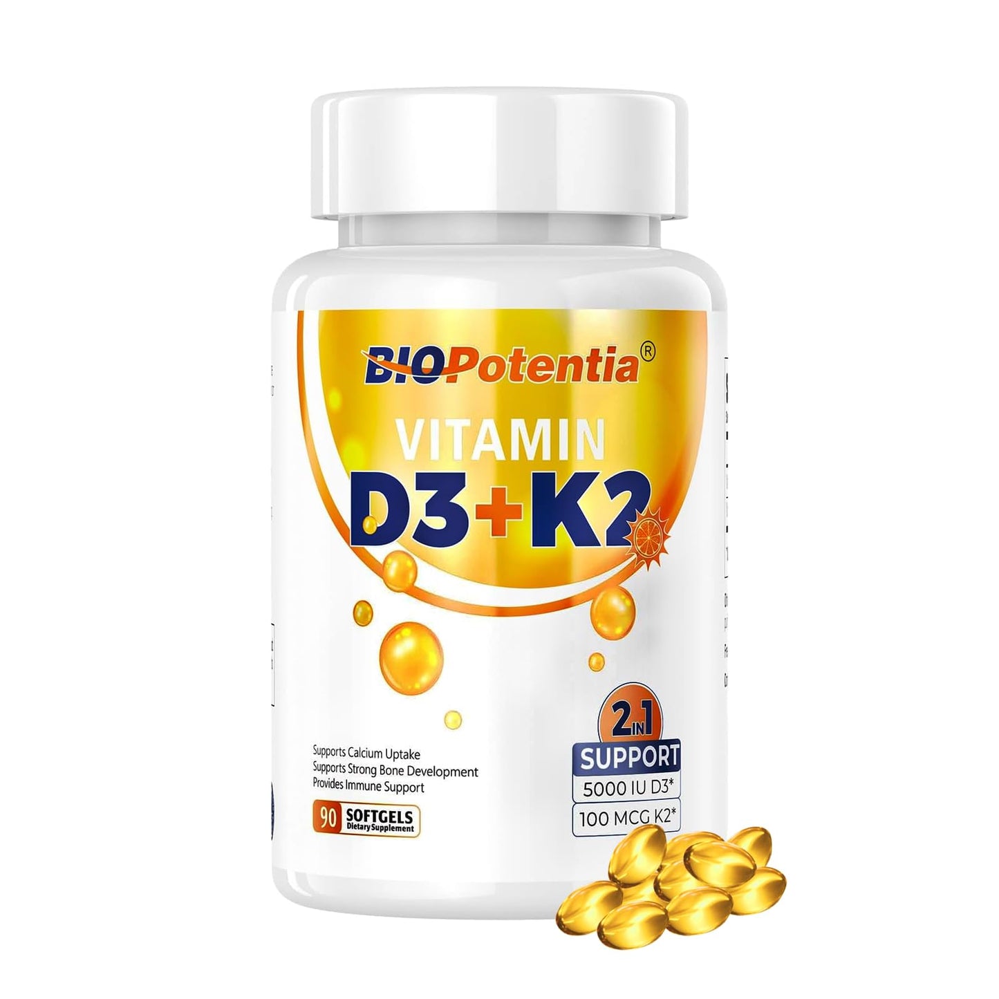 BIO POTENTIA Vitamin D3 K2 with MCT Oil Softgels, 90 Count