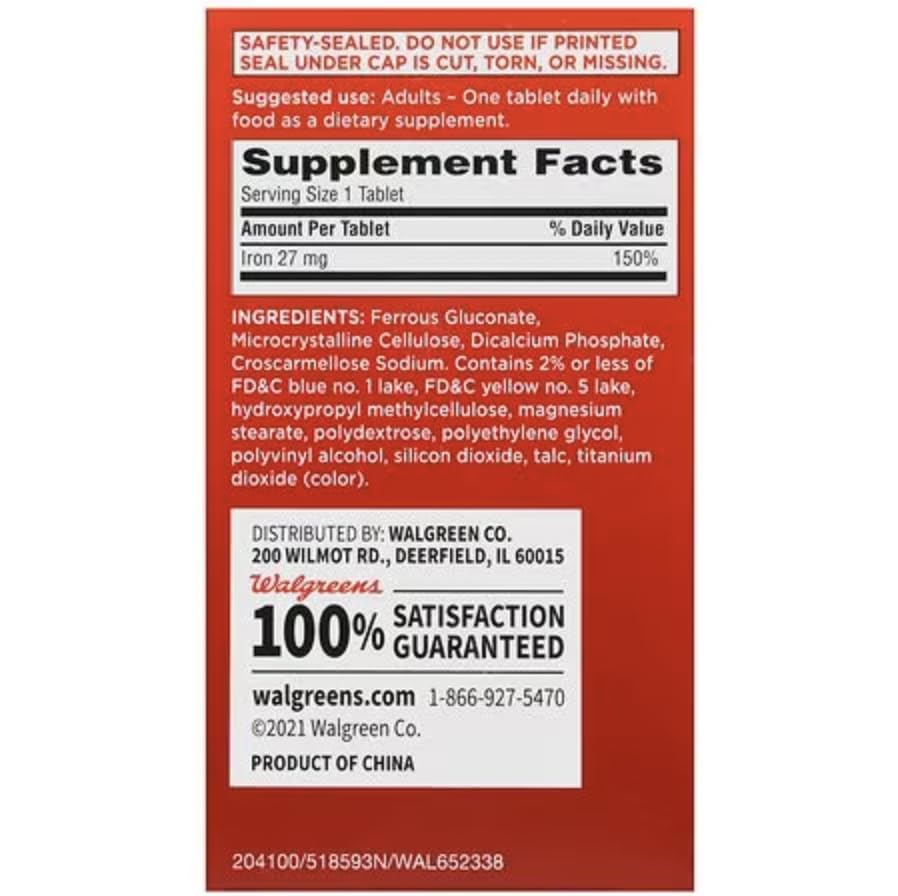 Walgreens High Potency Iron Ferrous Gluconate 27 mg Tablets, 100 Count