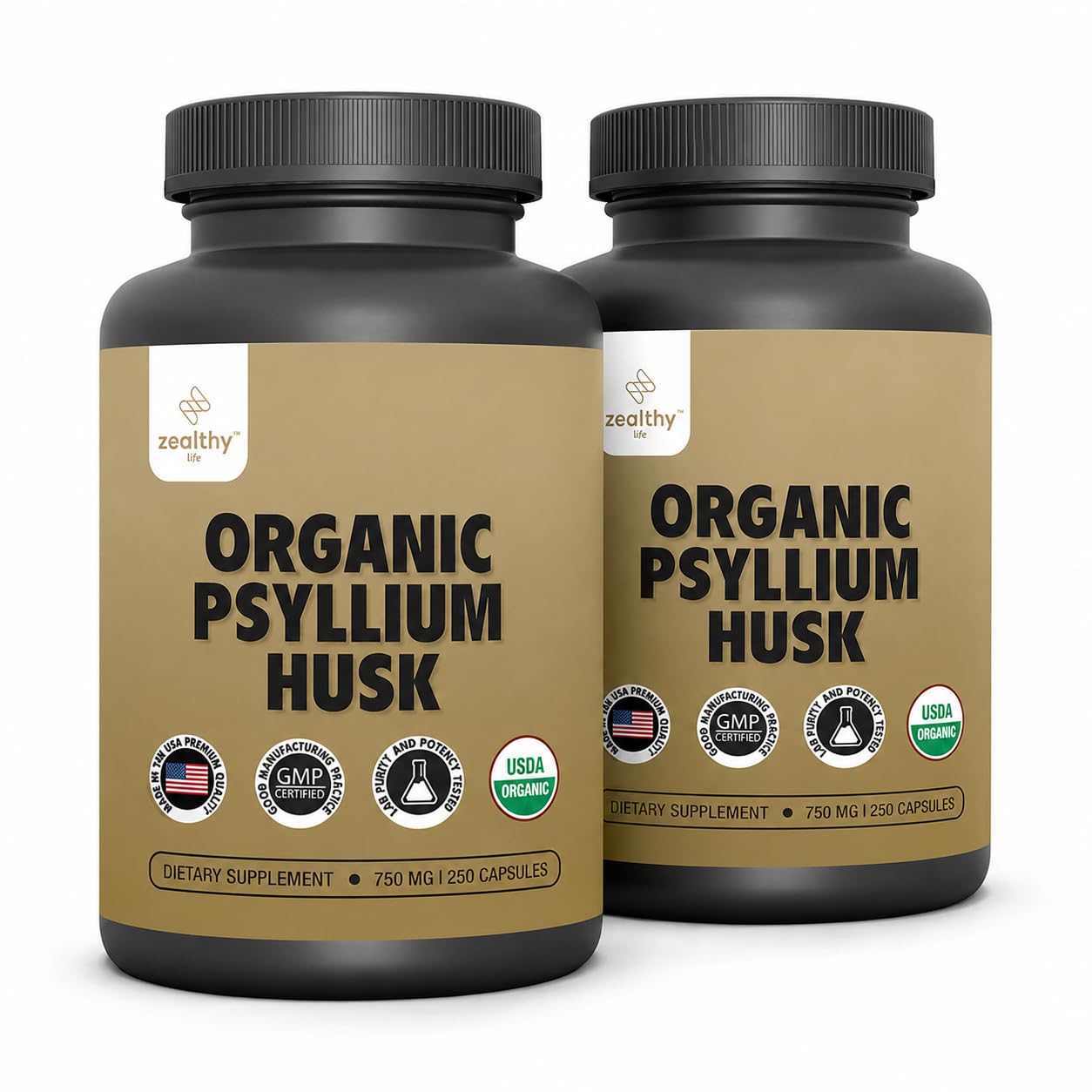 Z Zealthy Life Organic Psyllium Husk 750 mg Capsules, Natural Fiber Gut Health Supplement, 250 Count