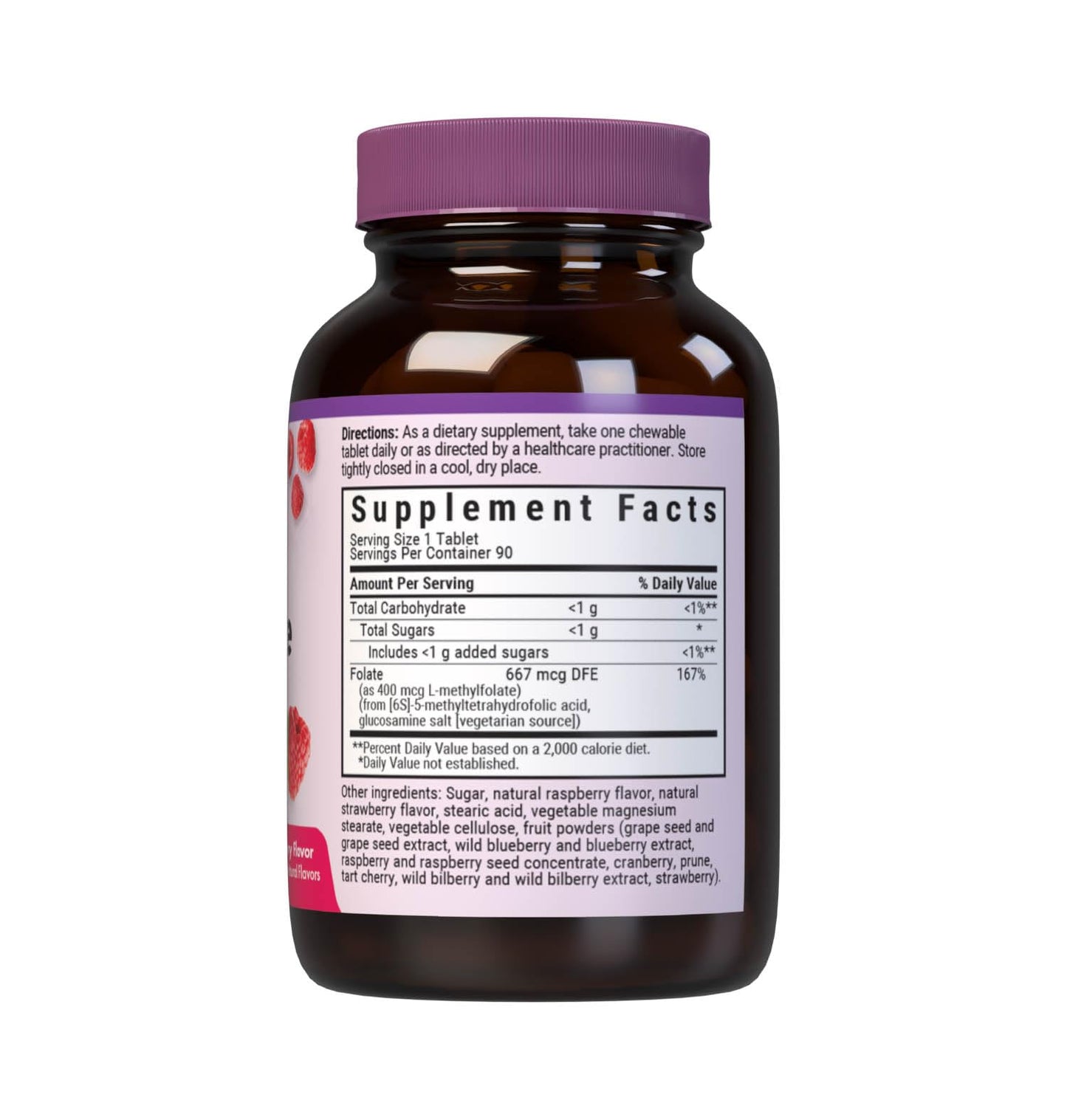 BlueBonnet EarthSweet Methylfolate 400 mcg Cellular Active Coenzyme 5-MTHF L Methyl Folate Supplement - Prenatal & Energy Support Raspberry Tablet, 90 Count