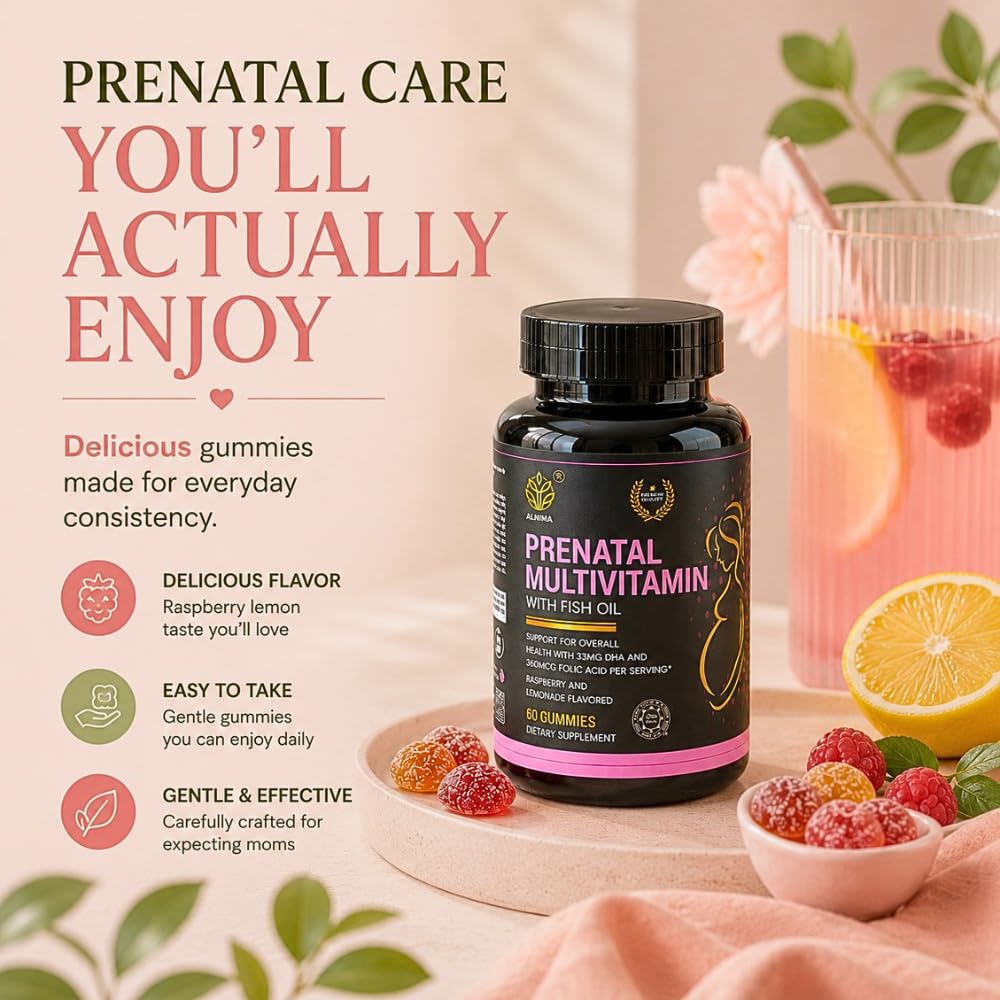 ALNIMA Prenatal Multivitamin Gummies with DHA & EPA from Fish Oil, 60 Gummies