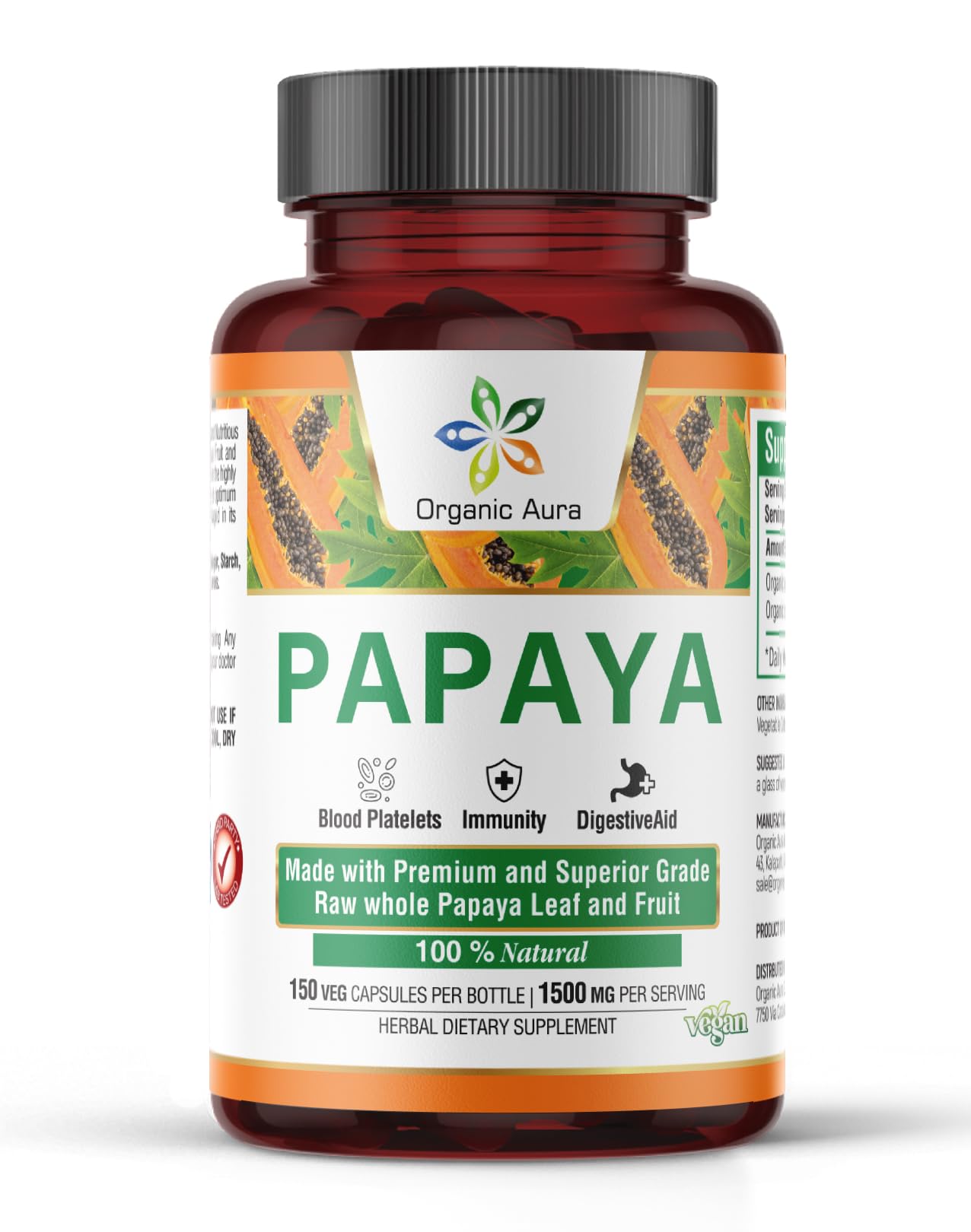 Organic Aura International Papaya Capsules with Benefits of Papaya Fruit & Papaya Leaf, 120 Veg HPMC Capsules