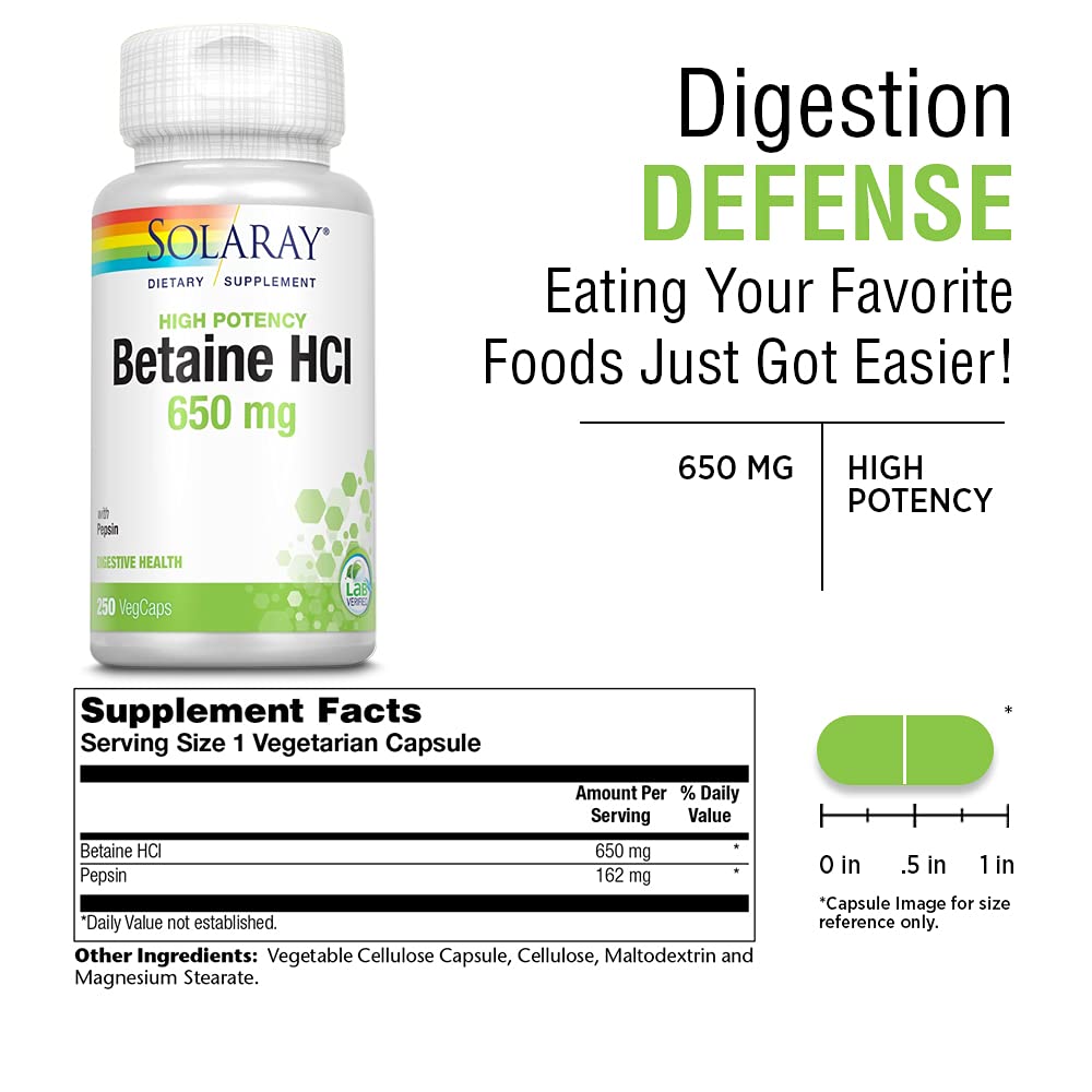 Solaray Betaine HCl with Pepsin High Potency Hydrochloric Acid Formula Capsule 250 VegCaps