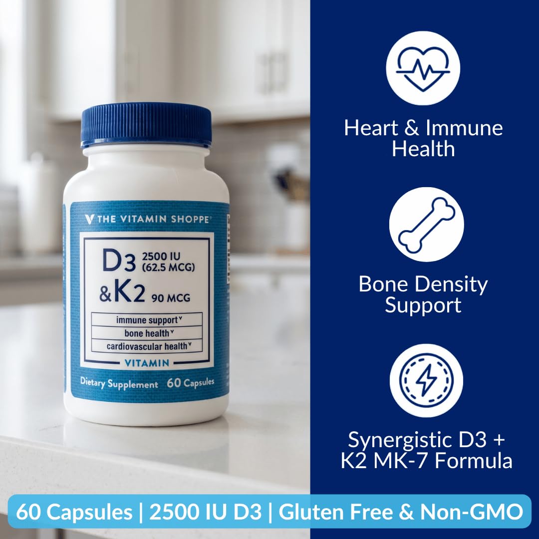 The Vitamin Shoppe Vitamin D3 2500 IU & K2 90 mcg Capsules, 60 Count