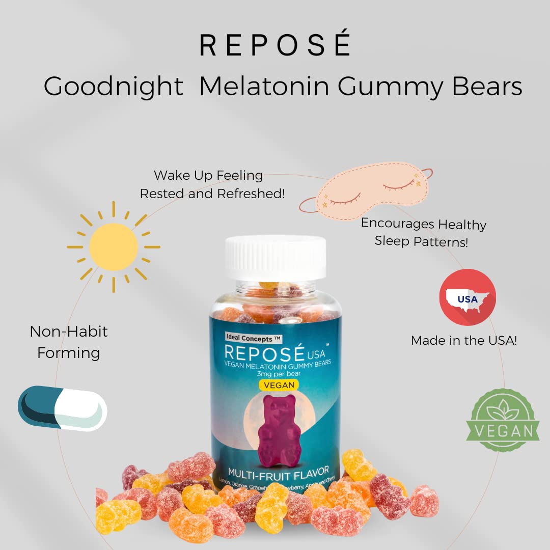 IDEAL CONCEPTS Reposé Goodnight Vegan Melatonin Gummies 3mg Per Bear, 60 Gummy Bears