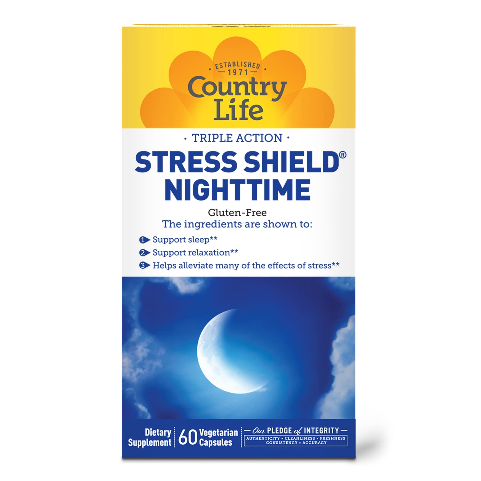 Country Life Stress Shield Nighttime Stress & Relaxation Support Supplement Sensoril Ashwagandha, GABA & L-Theanine Magnesium & Vitamin B5 Gluten Free, Vegan Capsules 60