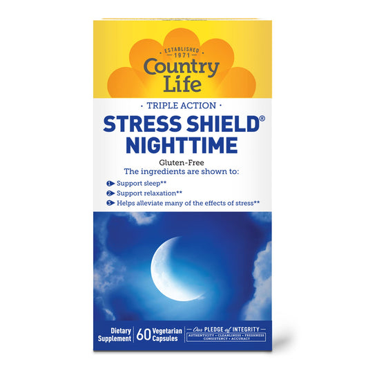 Country Life Stress Shield Nighttime Stress & Relaxation Support Supplement Sensoril Ashwagandha, GABA & L-Theanine Magnesium & Vitamin B5 Gluten Free, Vegan Capsules 60