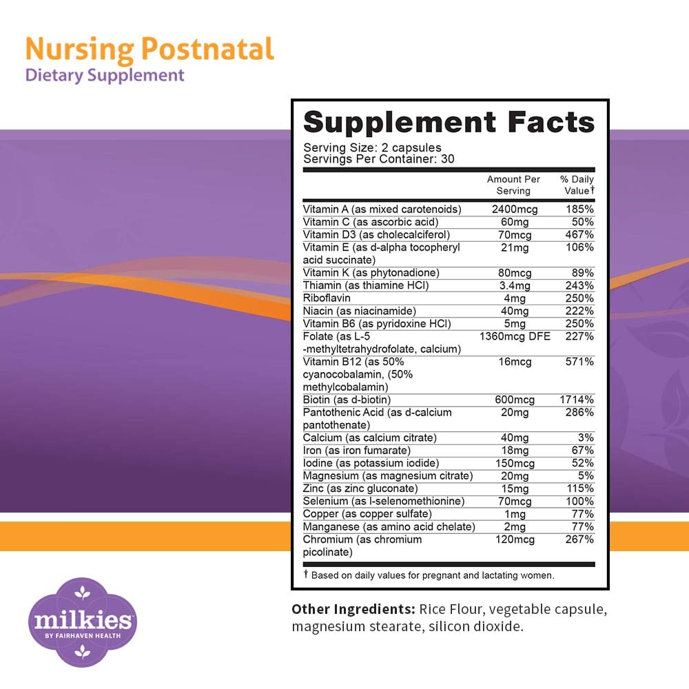 Milkies Nursing Postnatal Vegetarian Supplement for Breastfeeding Women with Vitamin D and B, Nutritious Breast Milk Multivitamin Capsule 1