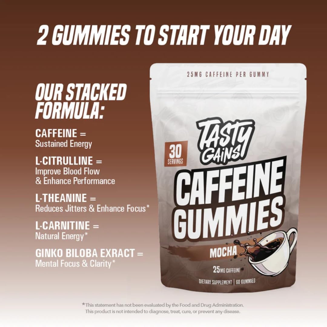 TASTY GAINS Caffeine Pre Workout Gummies, 60 Count