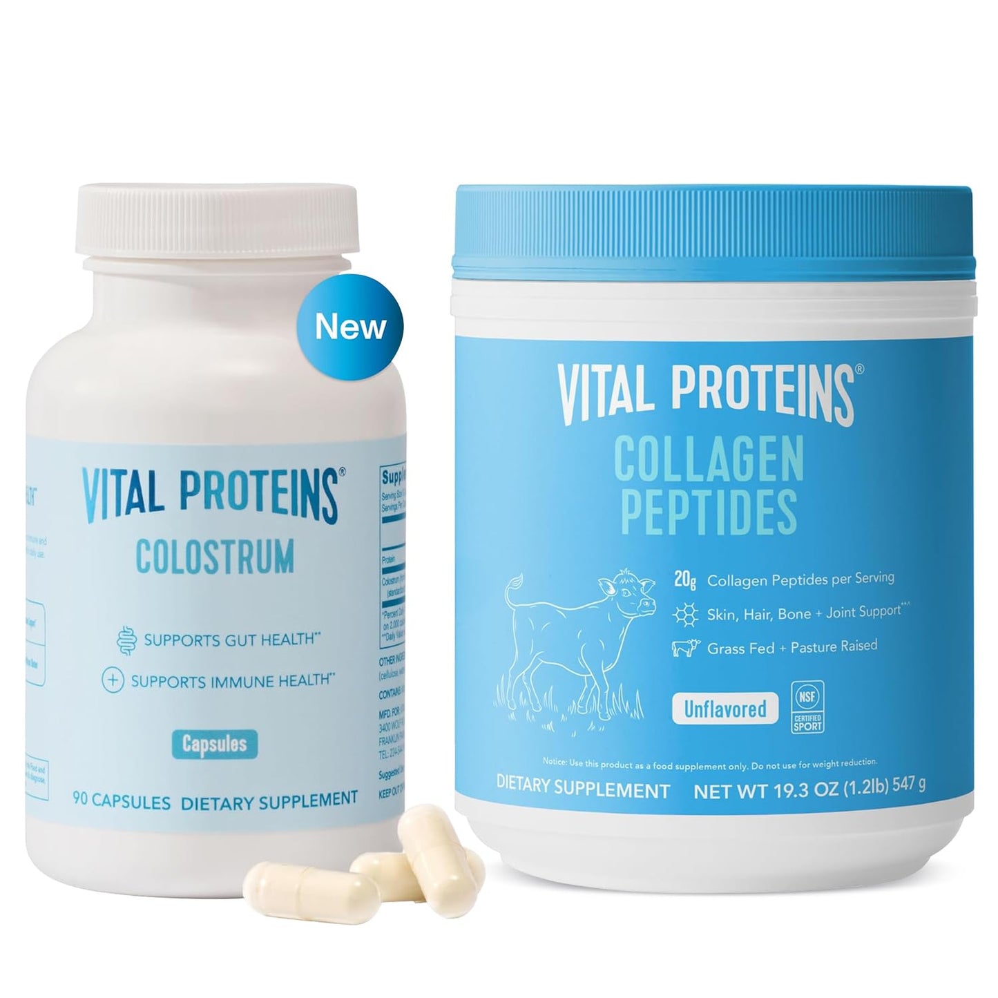Vital Proteins Collagen Peptides Powder 19.3 oz and Bovine Colostrum Supplement 90 Capsules