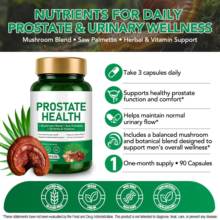 FRDUGA Saw Palmetto Prostate Supplement for Men 2000mg – Advanced 45% Fatty Acids Formula with Reishi & Maitake, Stinging Nettle, Zinc Selenium Magnesium Vitamin C Lycopene – Urinary Support – 90 Capsules