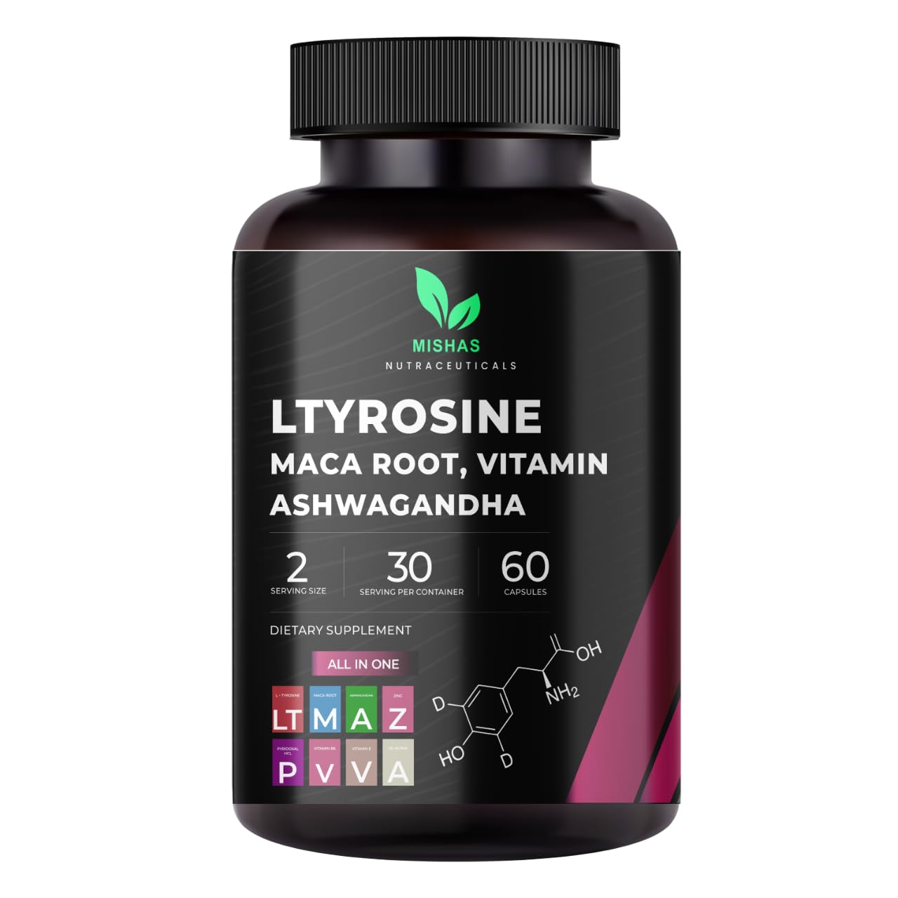 Mishas L-Tyrosine with Maca Root, Ashwagandha & Vitamins Complex, 60 Capsules