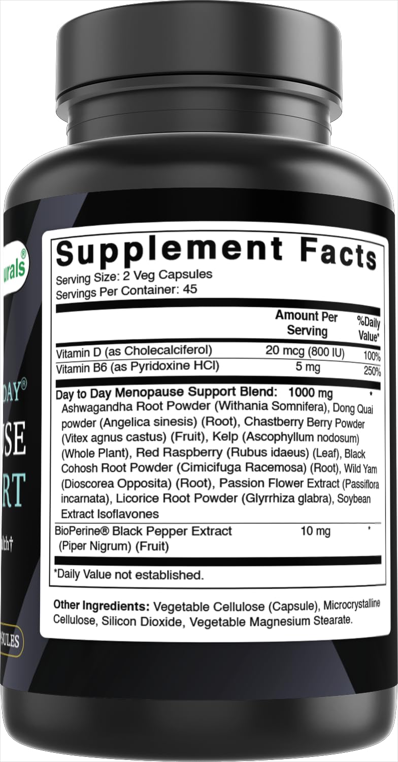Best Naturals Day-to-Day Menopause Supplements for Women with Ashwagandha, Dong Quai, Chastberry, Kelp, Red Raspberry, Black Cohosh & BioPerine Capsules, 90 Count