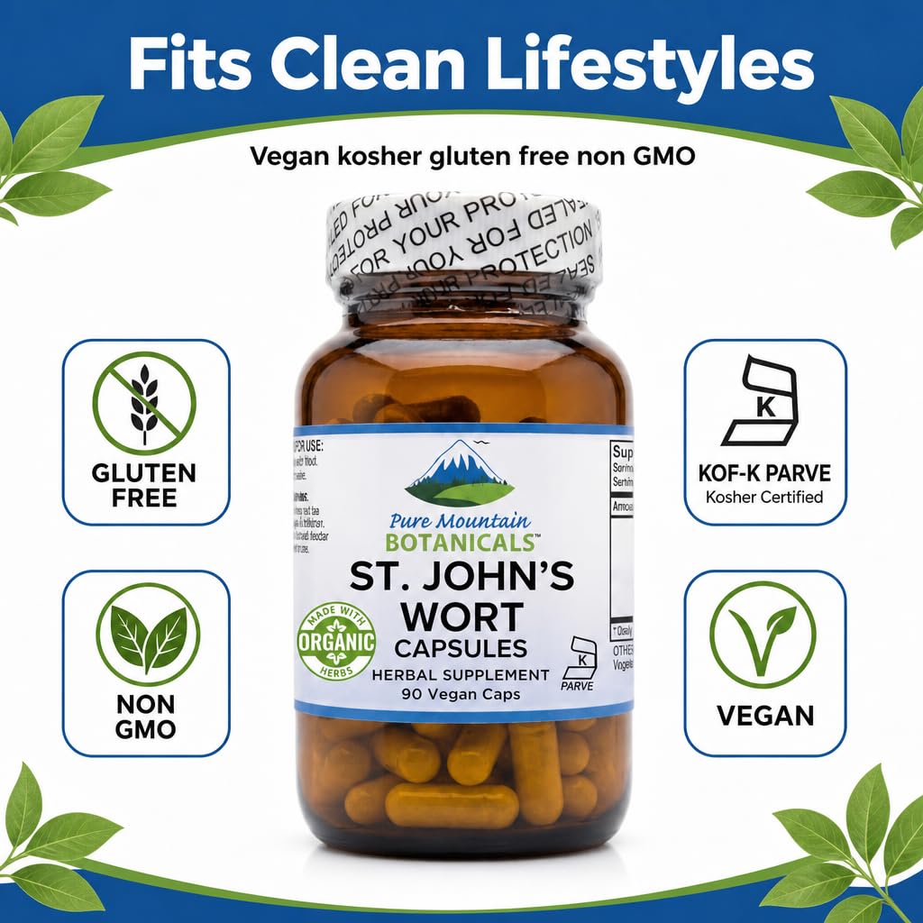 Pure Mountain Botanicals St. John's Wort Capsules 450mg Organic Herb and Extract Standardized to 3% Hypericin 90 Count