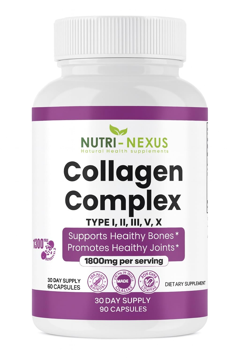 NUTRI-NEXUS Multi Collagen Peptides Types I, II, III, V & X – Hydrolyzed Bovine Collagen, 90 Capsules