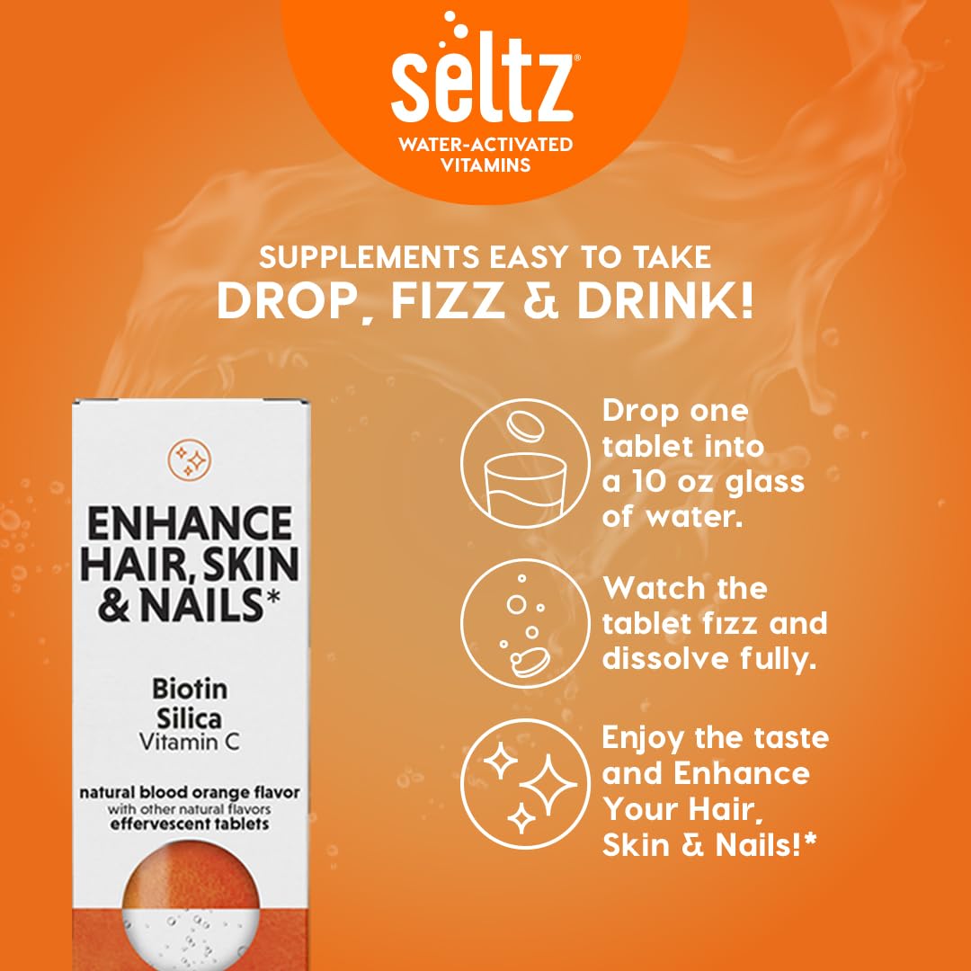 Seltz Enhance Hair, Skin & Nails Effervescent Vitamins with Biotin, Silica & Vitamin C for Beauty & Immune Support, 120 Tablets