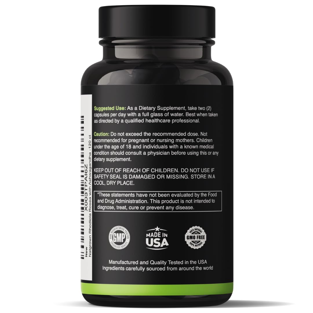 Natgrown Rhodiola Rosea with Ashwagandha Root Extract Capsules 120 Count