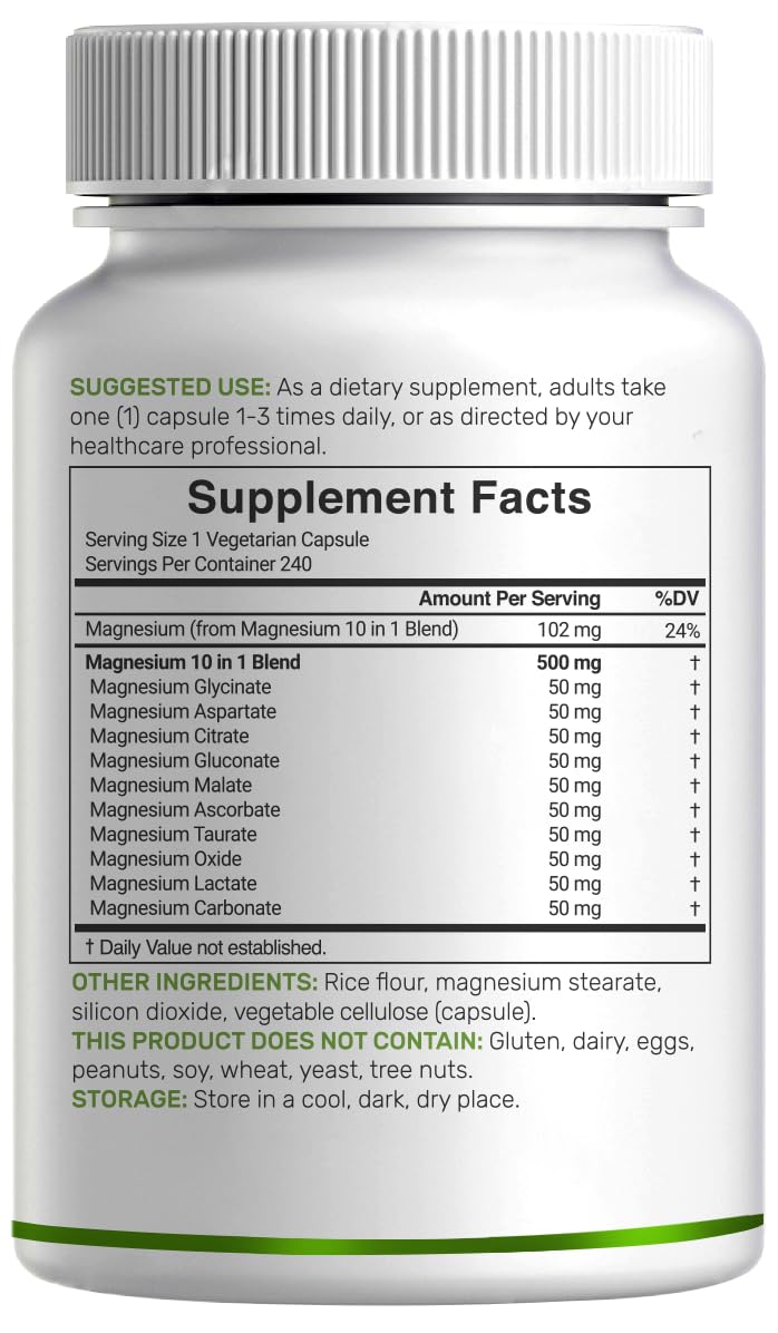 Magnesium Complex 500mg, 480 Veggie Capsules – Pack of 2 | 10-in-1 Glycinate, Citrate, Malate, Oxide, & More – 100% Chelated for Easy Absorption – Essential Mineral Supplement – Non-GMO