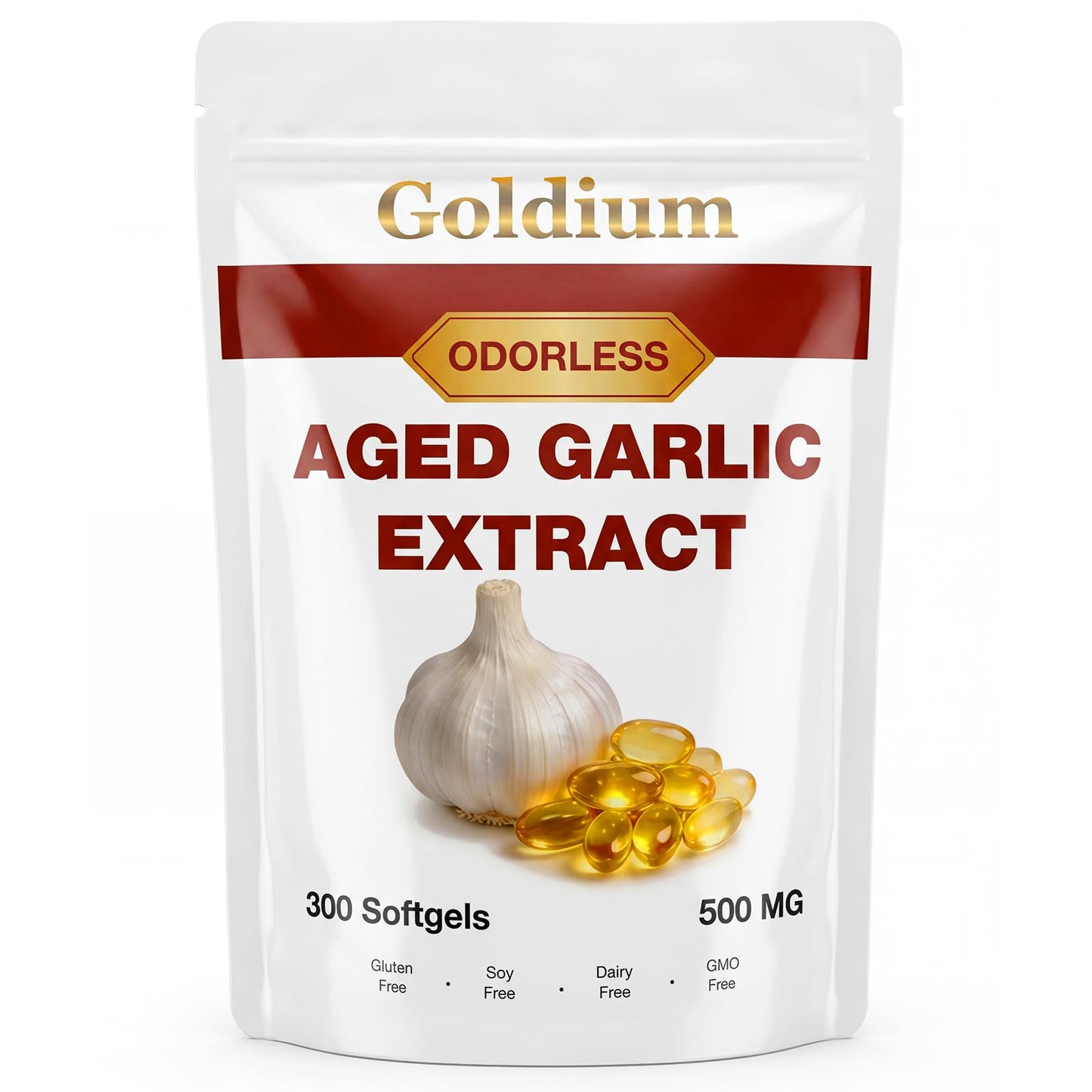 Goldium Aged Garlic Extract 500mg Odorless Softgels, 300 Count