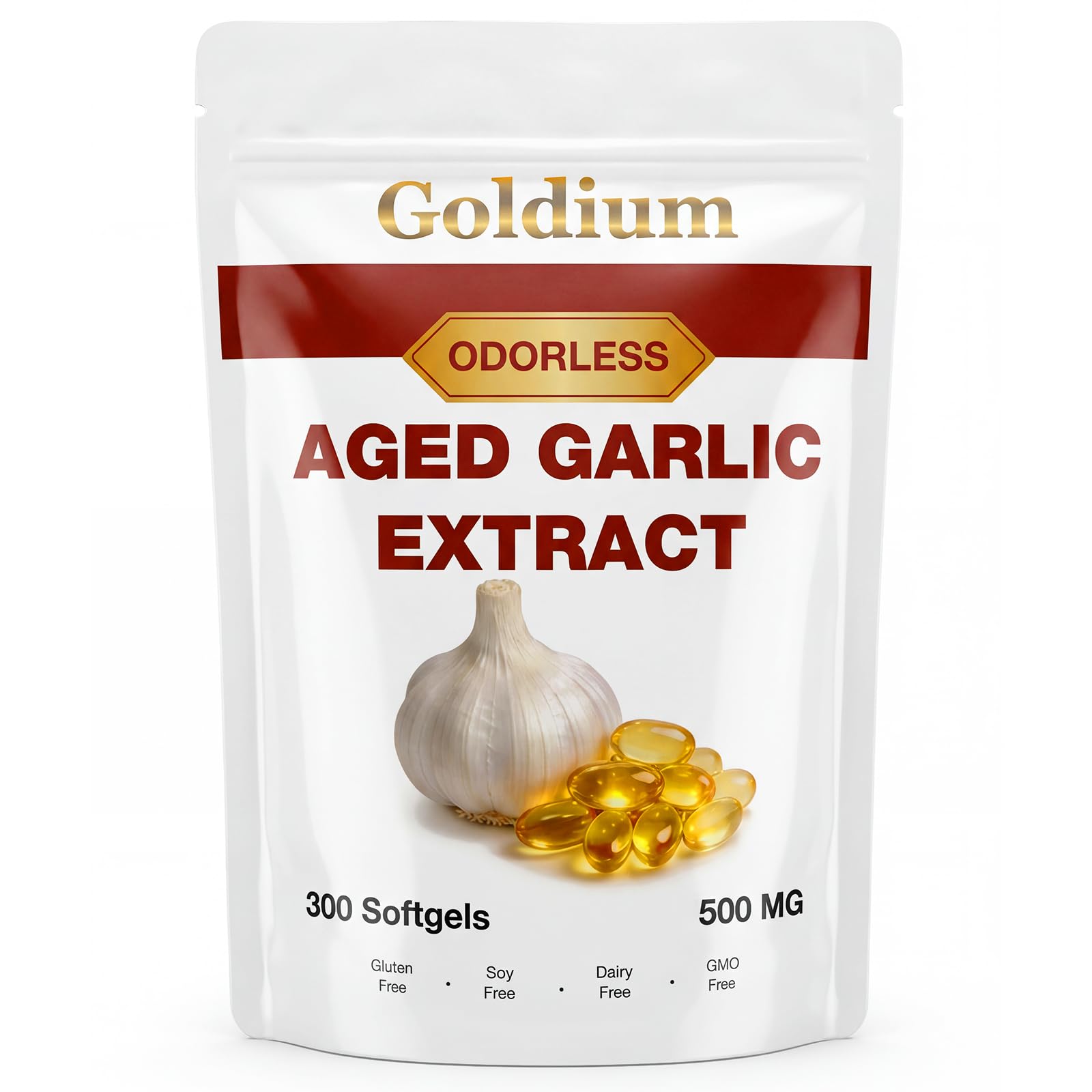 Goldium Aged Garlic Extract 500mg Odorless Softgels, 300 Count