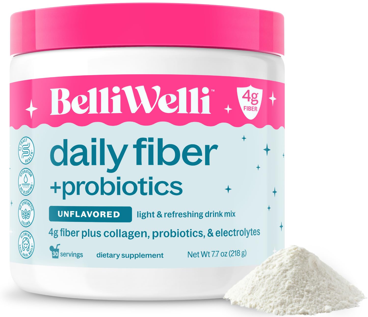 Belli Welli Unflavored Daily Fiber Supplement Powder with Collagen, Probiotics & Electrolytes, 10.69 oz