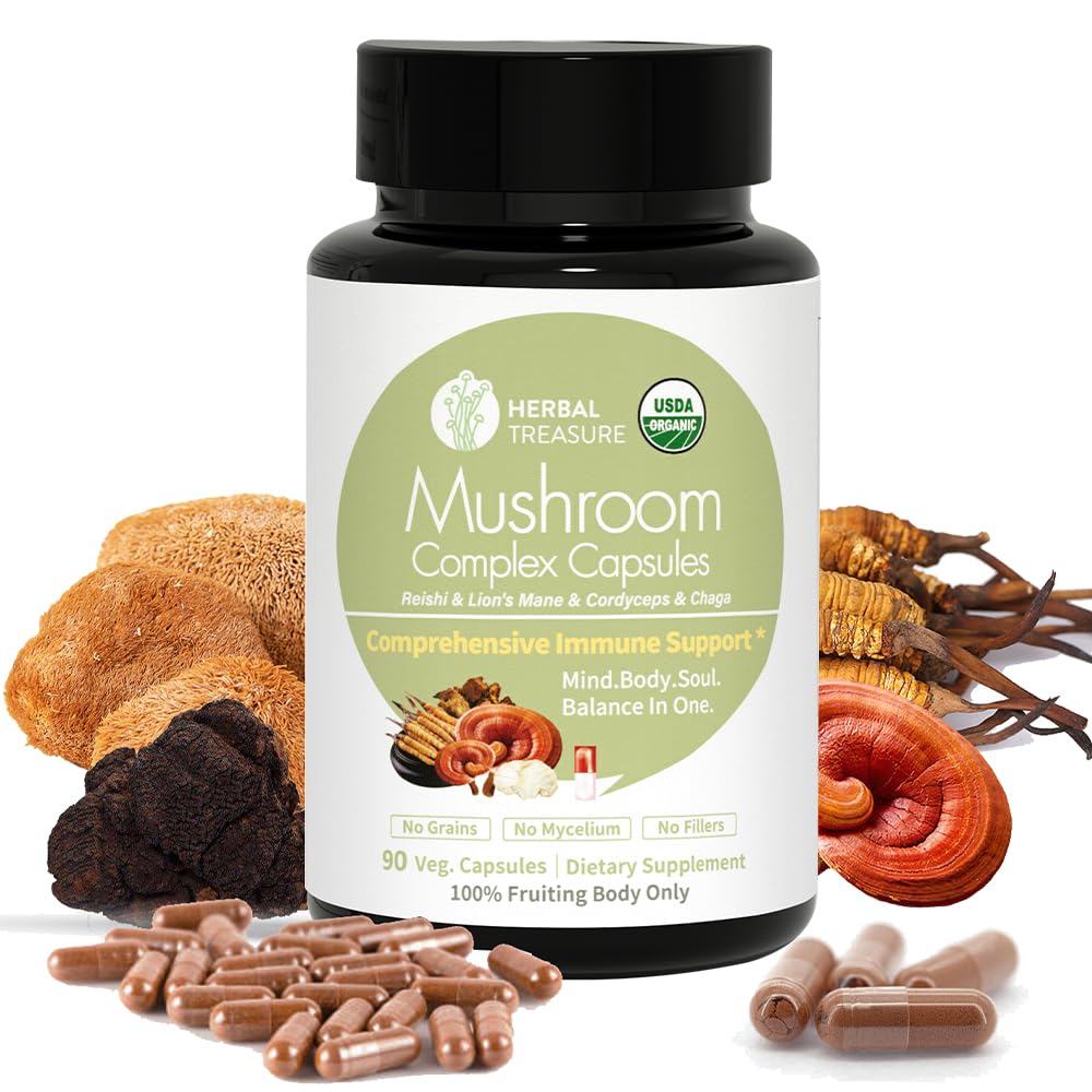 WL Herbal Treasure 4 in 1 Mushroom Complex Adaptogens with Lion's Mane, Reishi, Chaga & Cordyceps Capsule 90 Count