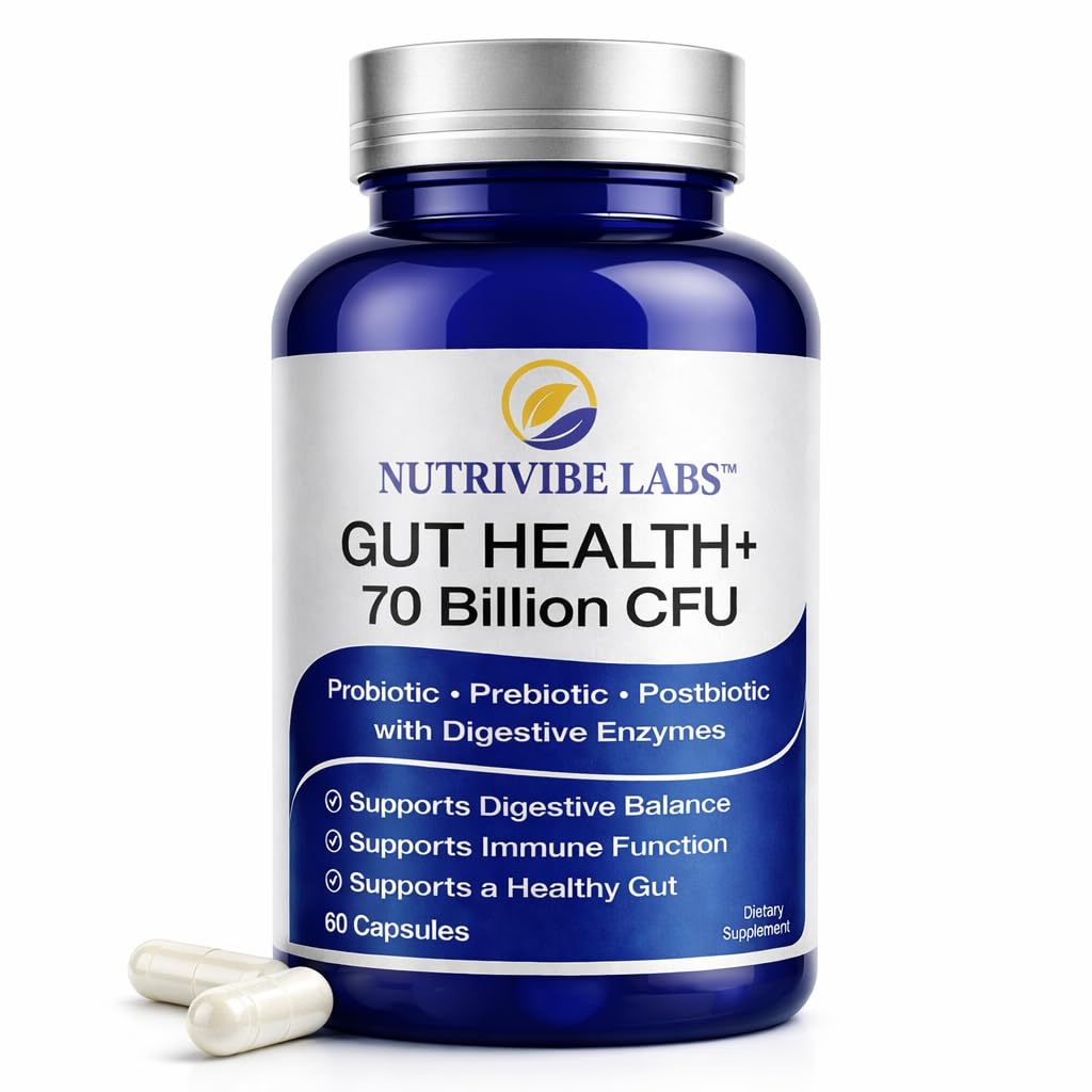 NUTRIVIBE LABS 6-in-1 Gut Health 70 Billion CFU Probiotics, Prebiotics, Postbiotics with Enzymes & L-Glutamine, Supports Digestive & Immune Health, Occasional Gas & Bloating, 60 Capsules