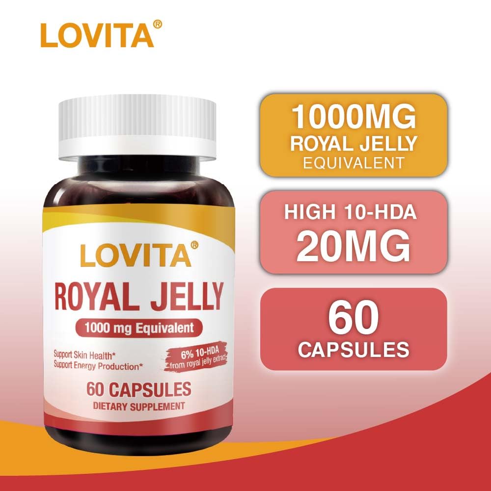 LOVITA Royal Jelly 333 mg, 3:1 Concentrate, 20 mg 10-HDA, Natural Source Super Food, Supports Skin Health & Energy Production, 180 Capsules