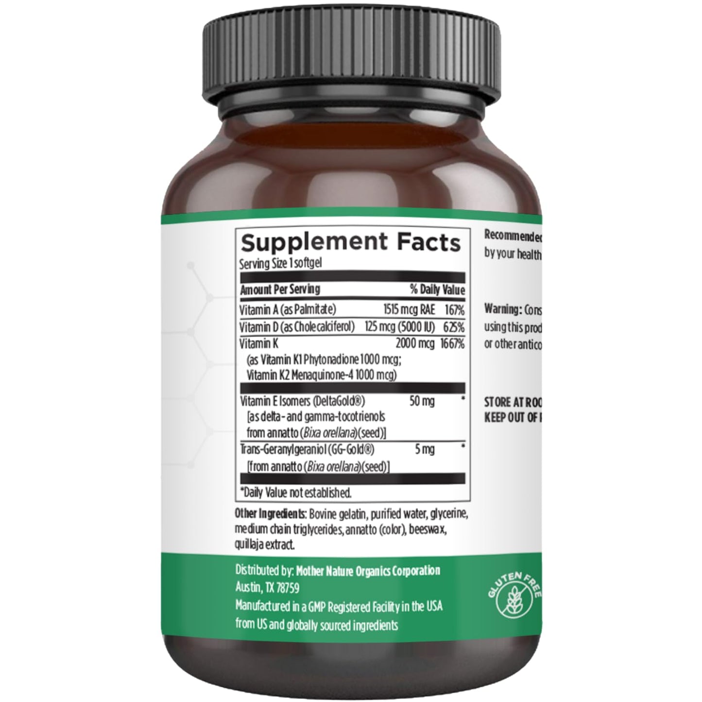 Mother Nature Organics Superfoods for Organic Living ADK Vitamin D3 5000 IU + A & K2 MK-7 Softgels, 60 Count