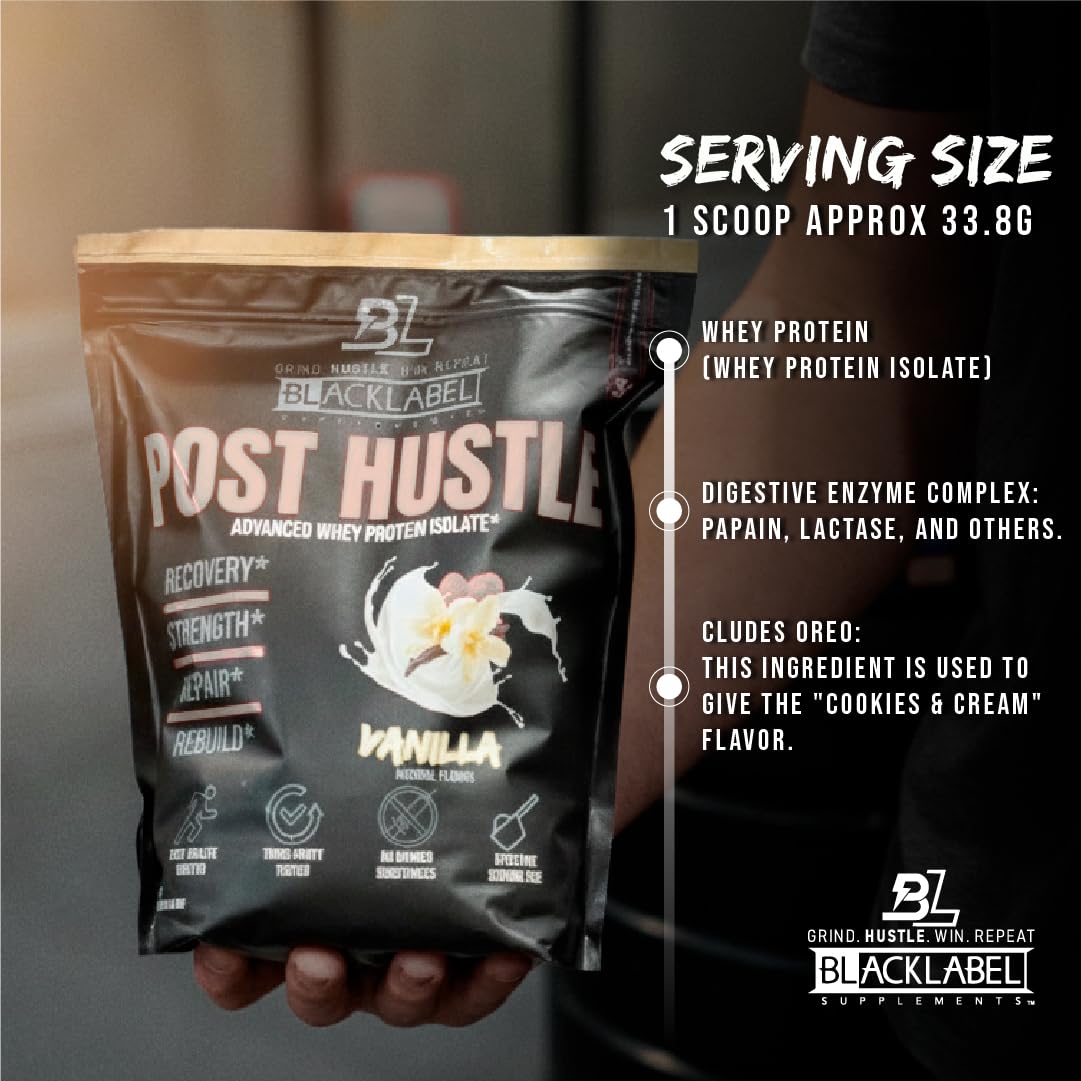 BLACKLABEL Supplements Post Hustle Post Workout Protein Powder, Whey Protein Isolate with Digestive Enzymes, Vanilla — 40 Servings