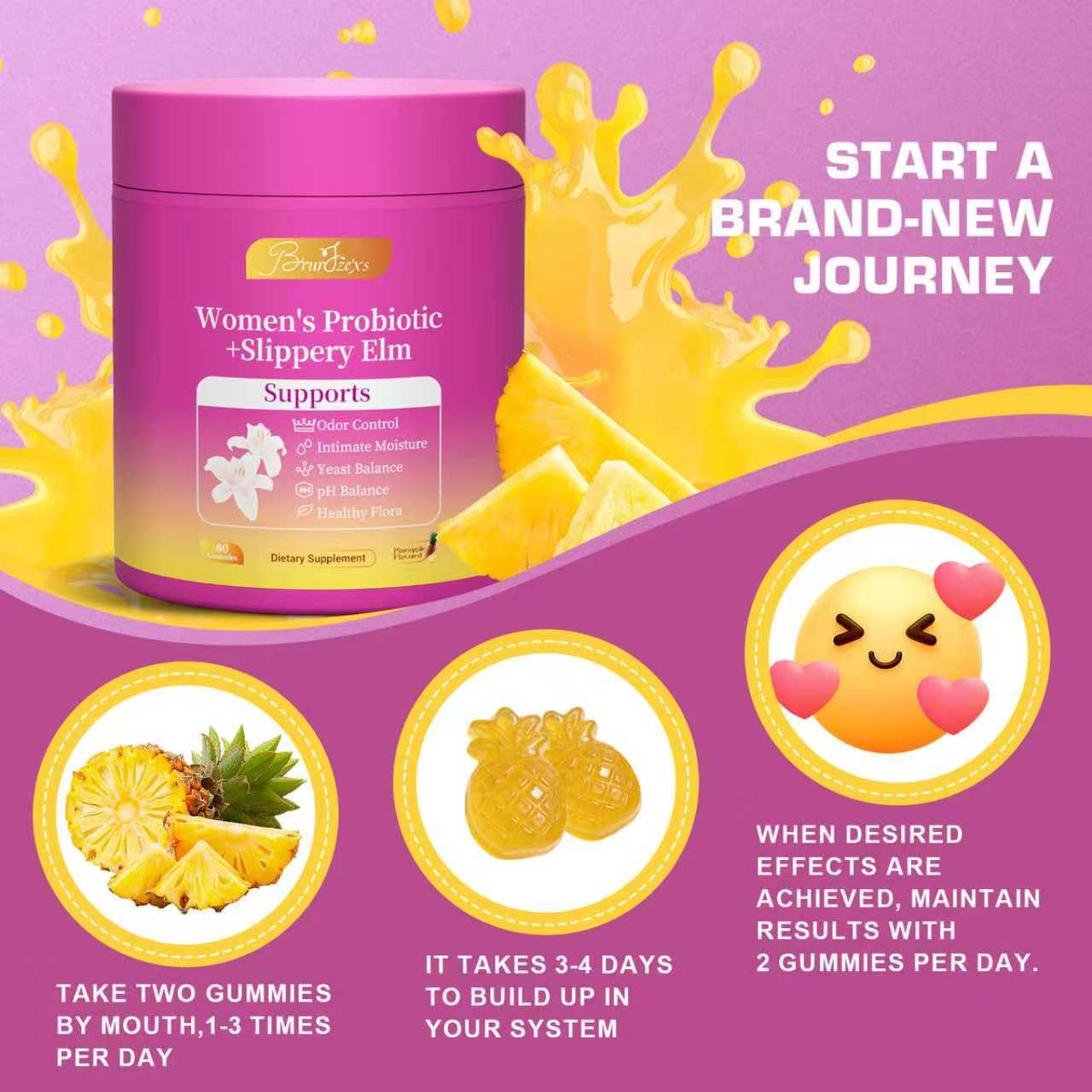 Brurtzexs Her Juicy Feminine Probiotics Gummies for Women with Slippery Elm - Pineapple Flavor, pH Balance & Immune Health Support - Digestive & Feminine Support - Vegan Supplement, 60 Gummies