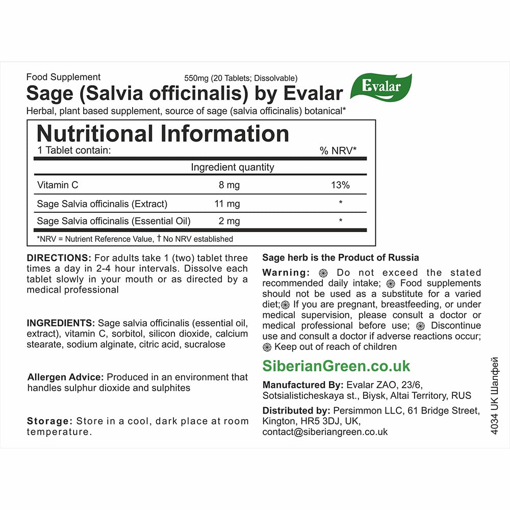 Evalar Sage Salvia officinalis Herb Dissolvable Tablets, 20