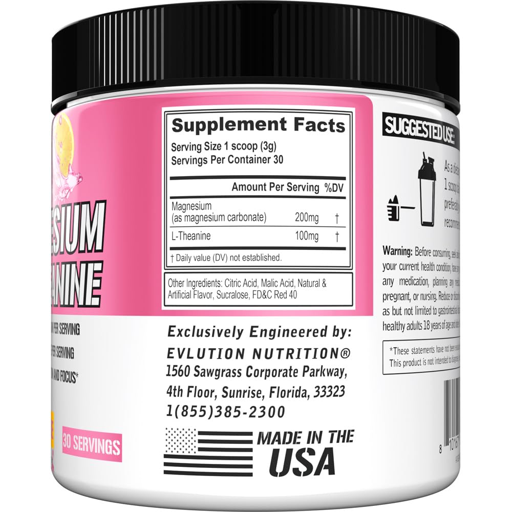 Evlution Magnesium + L-Theanine - Natural Relaxation & Focus Support - 200mg Magnesium + 100mg L-Theanine - Vegan & Non-GMO Powder 3.17 Ounce