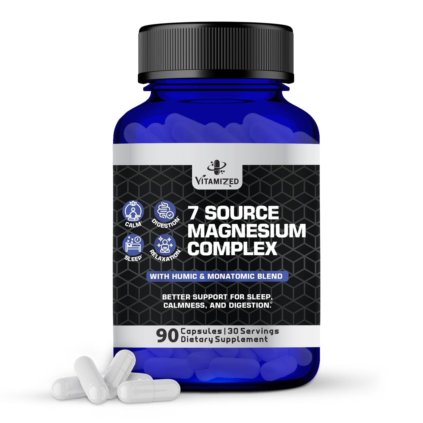 VITAMIZED 7 in 1 Magnesium Glycinate Complex Citrate, Bisglycinate, & More Capsules, 90 Count