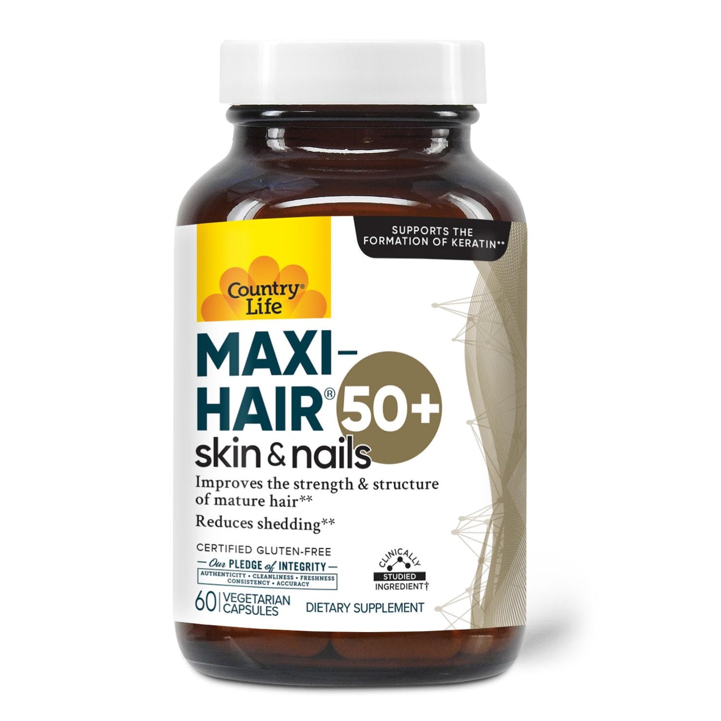 Country Life Maxi-Hair 50+ Biotin-Based Hair, Skin & Nails Supplement for Women & Men Over 50 Capsules 60