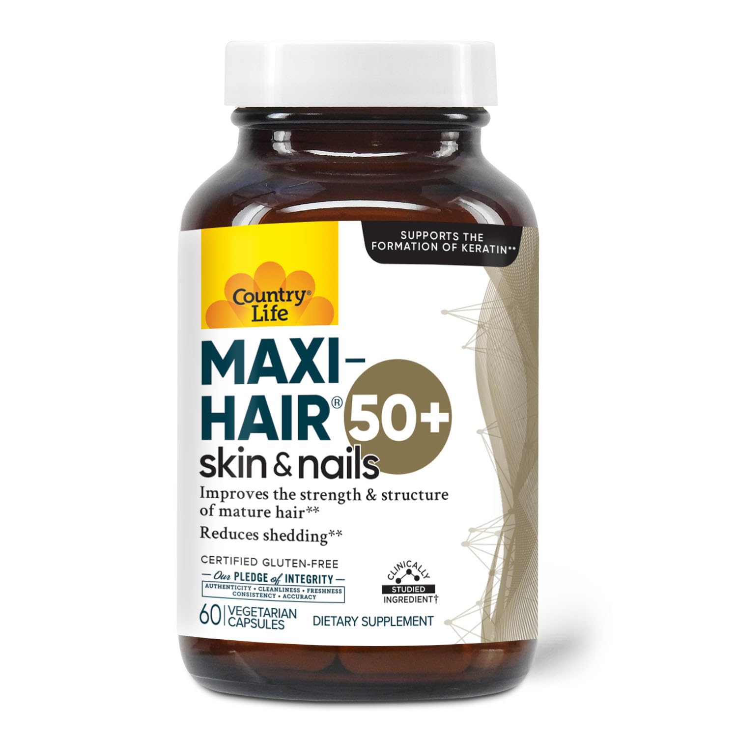 Country Life Maxi-Hair 50+ Biotin-Based Hair, Skin & Nails Supplement for Women & Men Over 50 Capsules 60