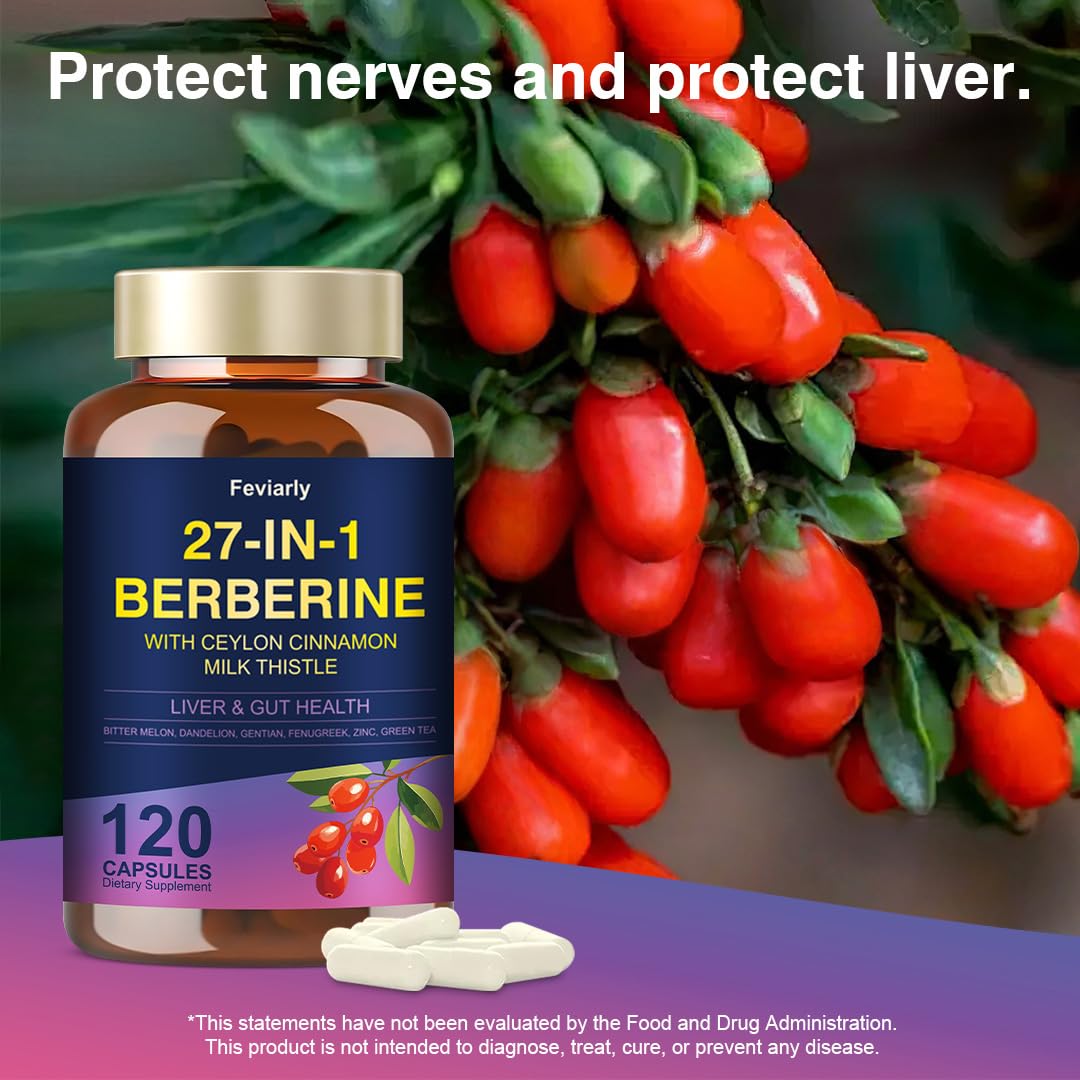 Feviarly Berberine Complex with Ceylon Cinnamon & Milk Thistle - 27-in-1, 120 Capsules