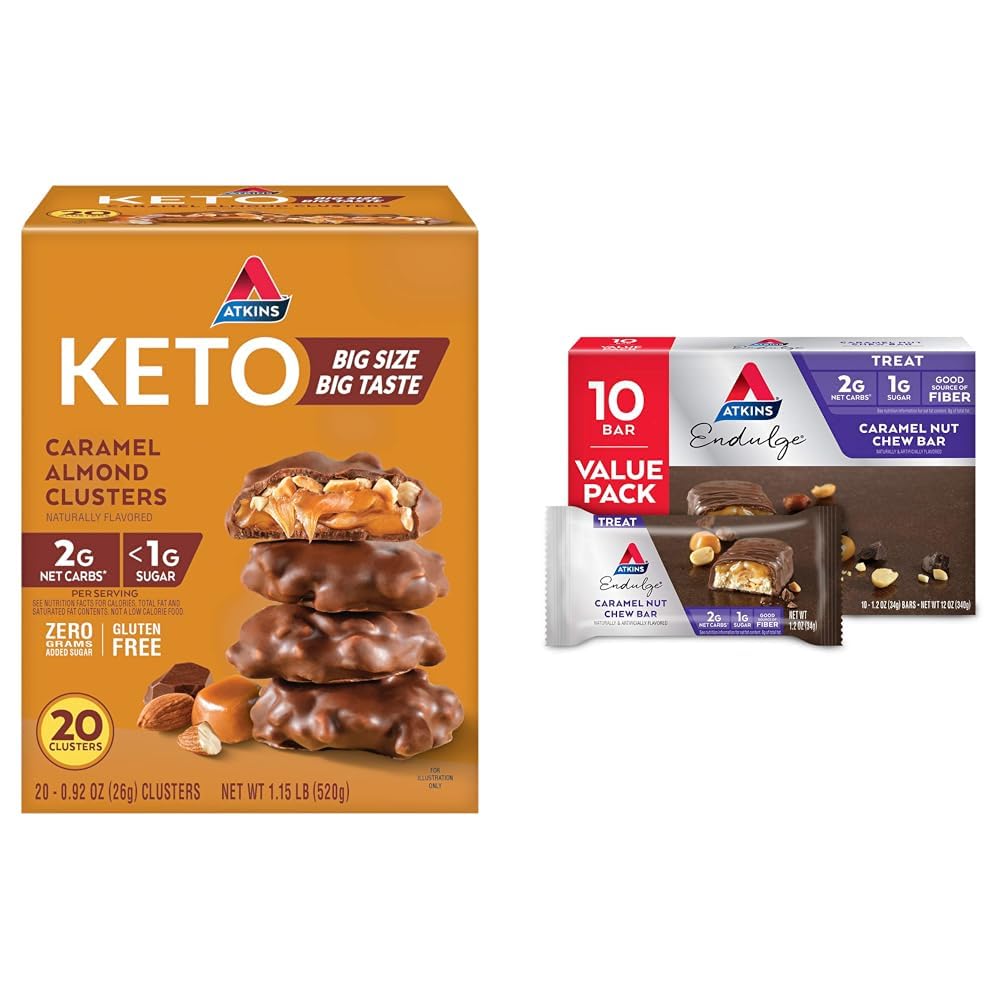 Atkins Caramel Almond Clusters & Endulge Caramel Nut Chew Bar, 20 Count