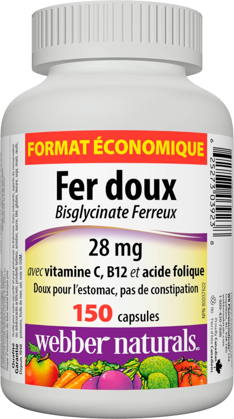 Webber Naturals Gentle Iron Supplement with Vitamin C, B12 and Folic Acid, 28 mg, Capsules, 150 Count