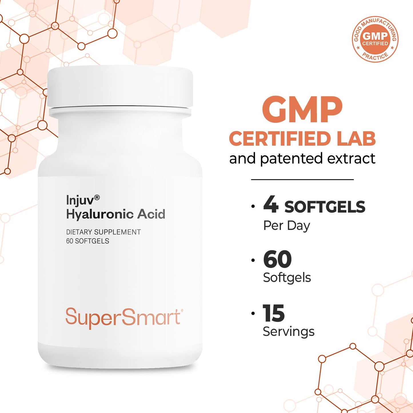 Supersmart Injuv Hyaluronic Acid 280mg per Day (Highly Bioavailable) - Patented Hyaluronic Acid HA Supplement - Skin & Joints, Gluten Free, 60 Capsules