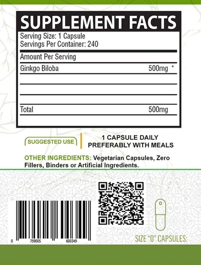 NutreeVit Ginkgo Biloba Herbal Supplement Capsules, 240 Count