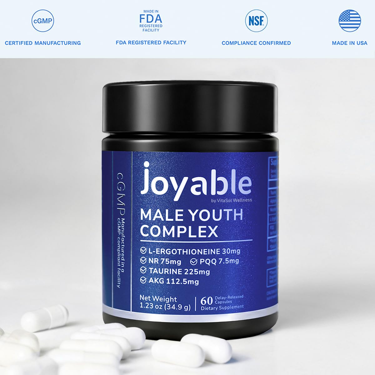 joyable by VitaSol Wellness Male Youth Complex – Cellular Energy & Healthy Aging Support Supplement with NR, PQQ & Ergothioneine, 60 Capsules