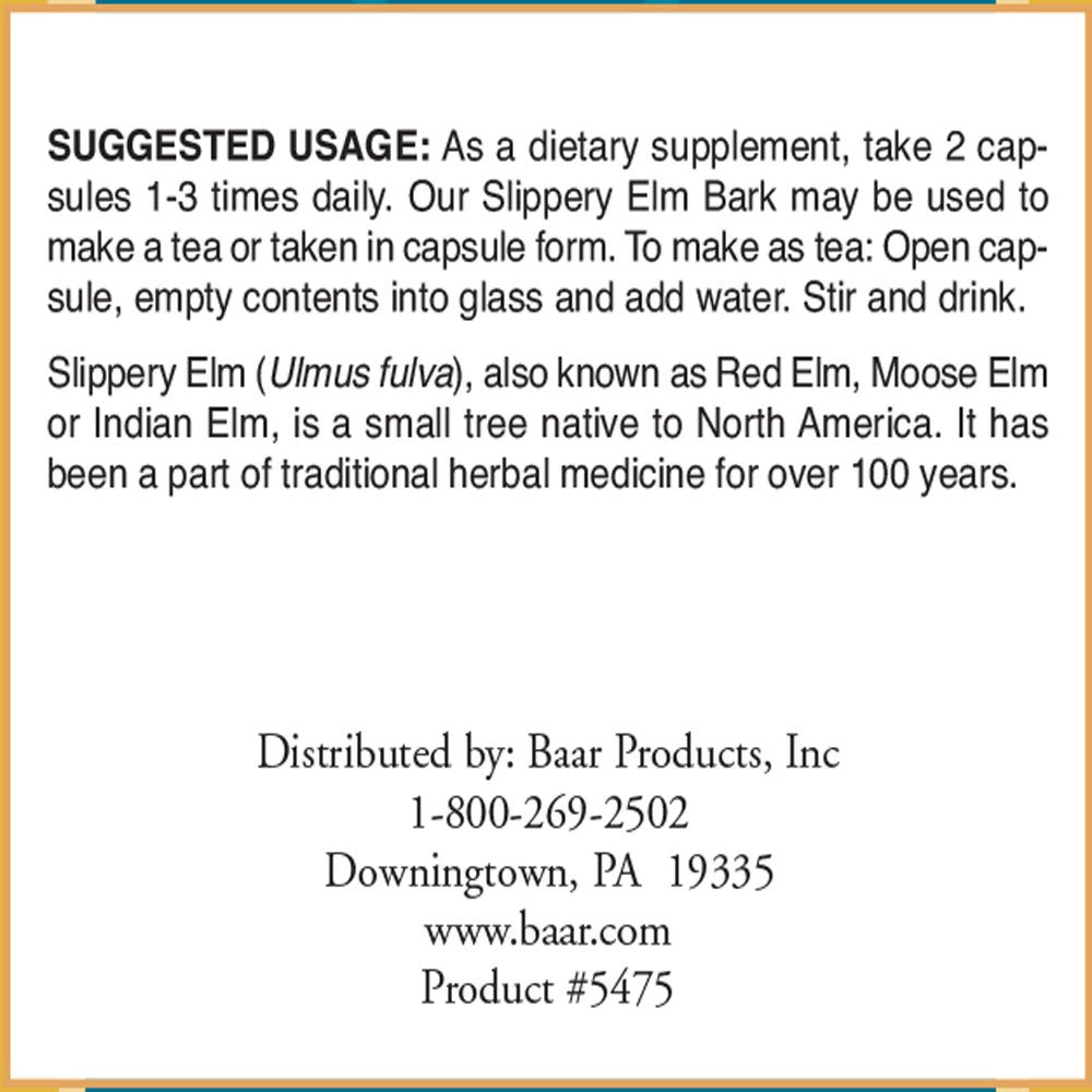Baar Nature's Blessing Slippery Elm Bark Capsules, 100 Count
